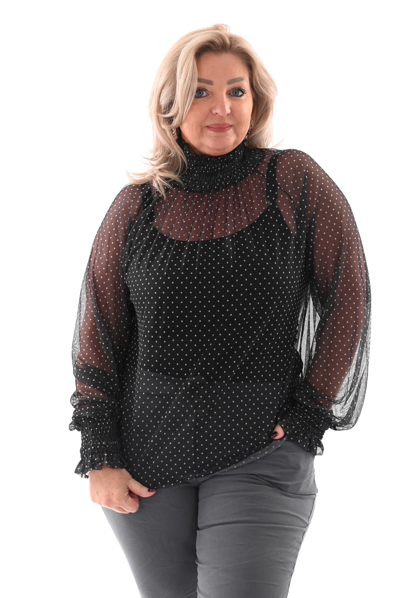 Top kleine dots smock kraag zwart
