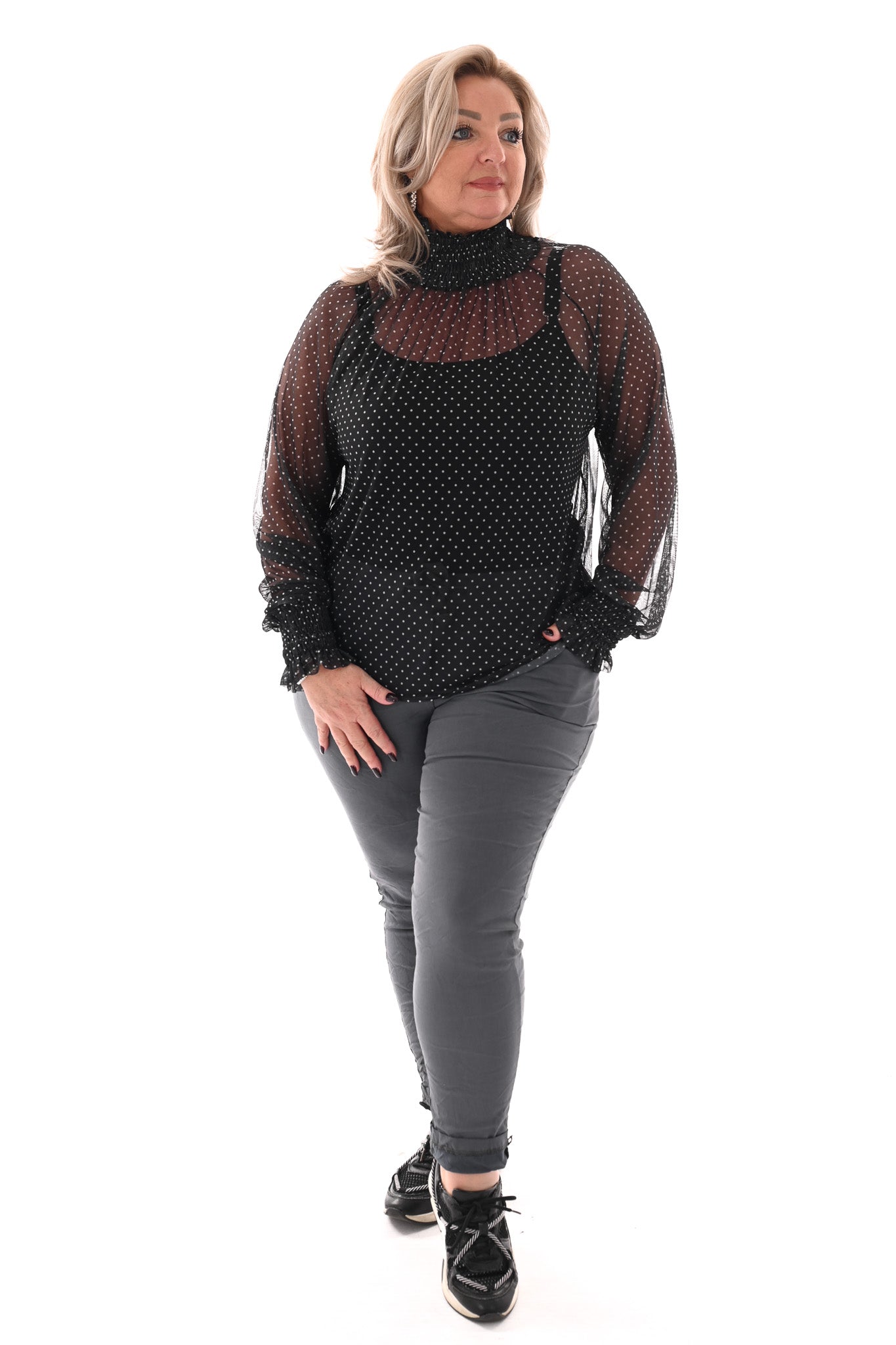 Top kleine dots smock kraag zwart