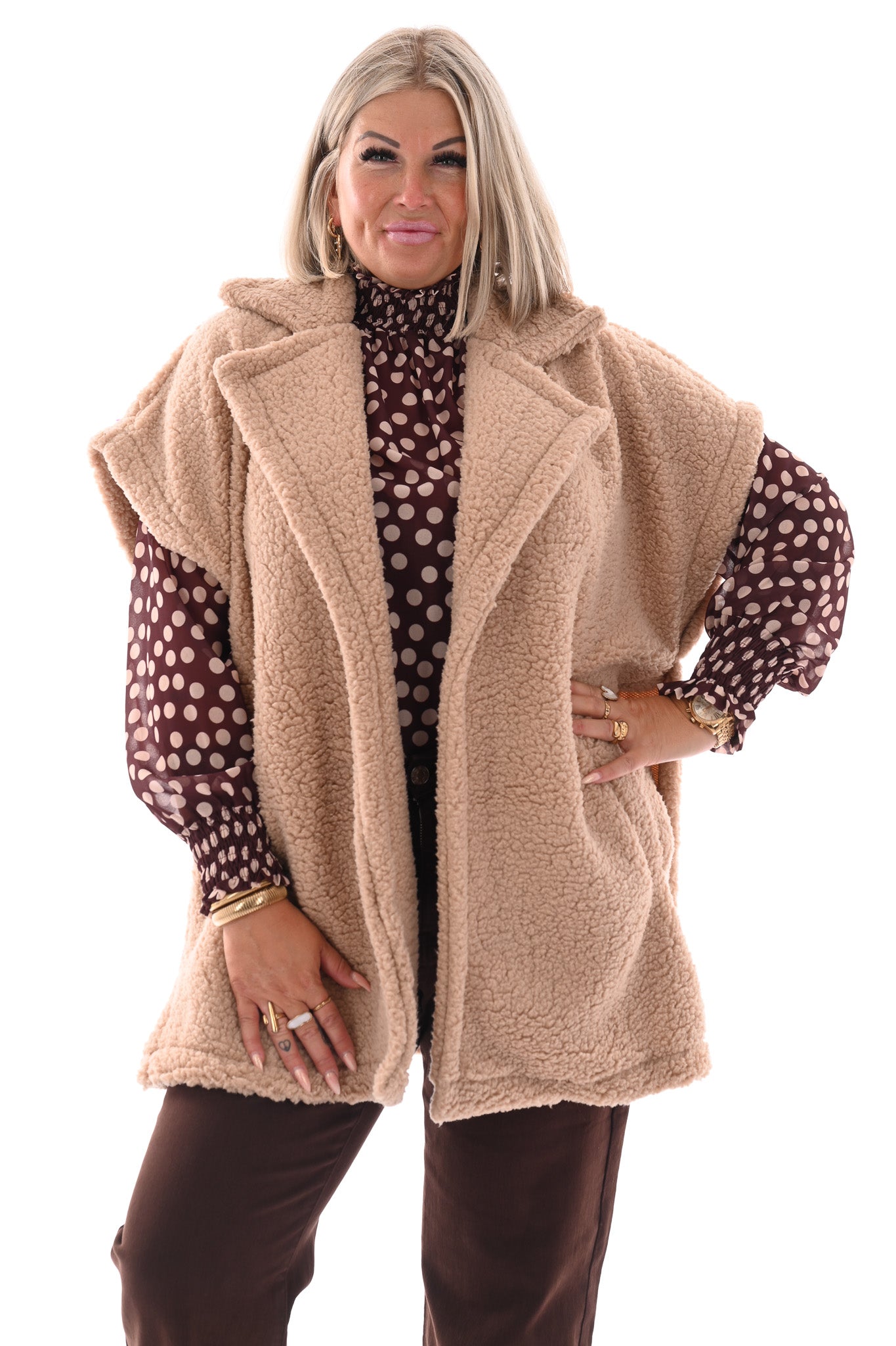 Lange teddy gilet beige