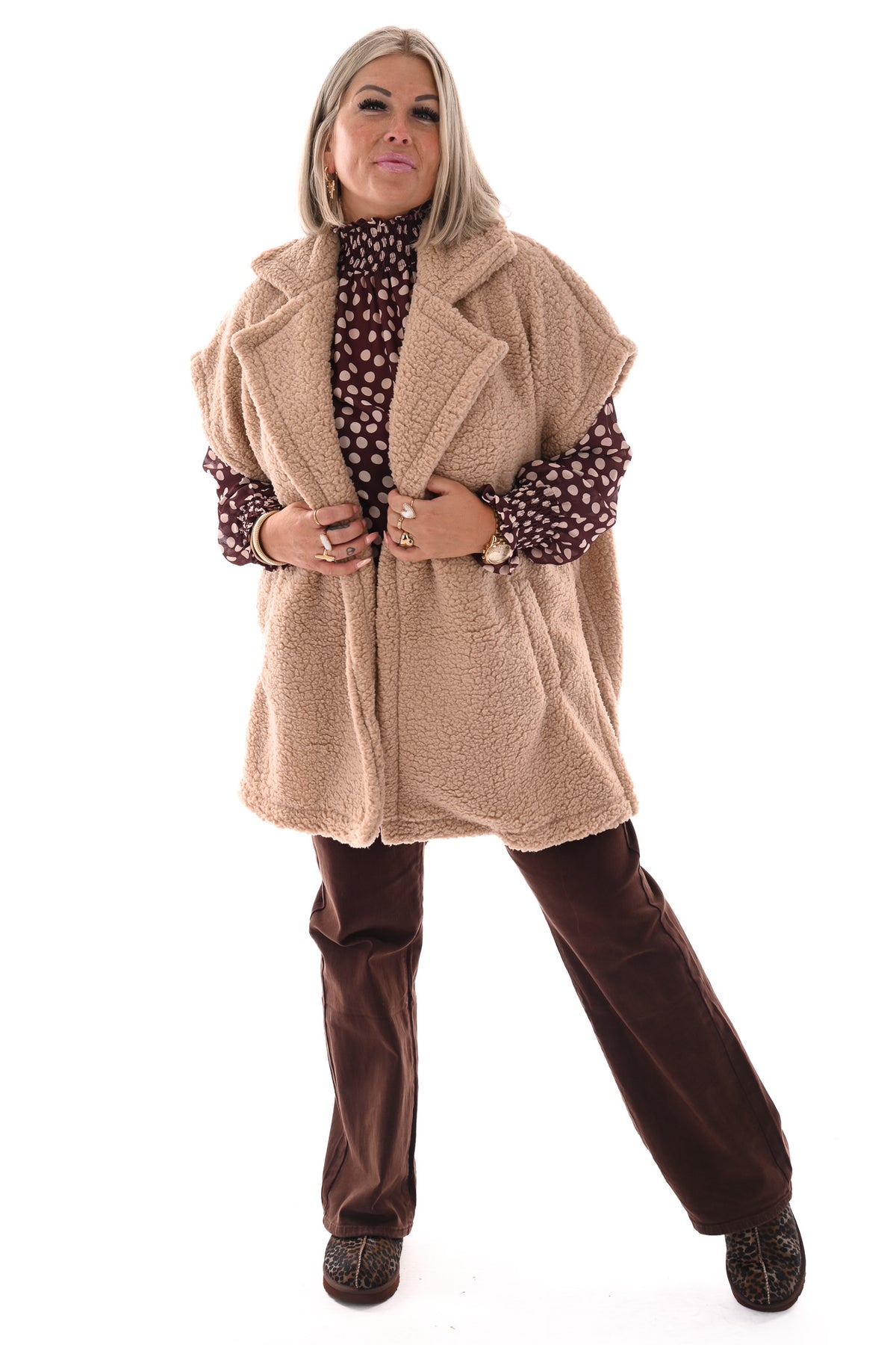 Lange teddy gilet beige
