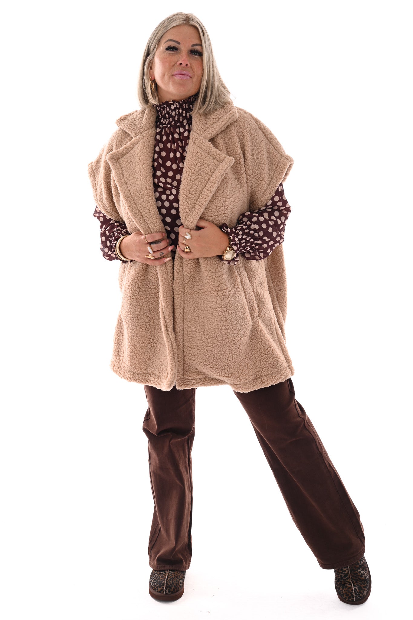 Lange teddy gilet beige