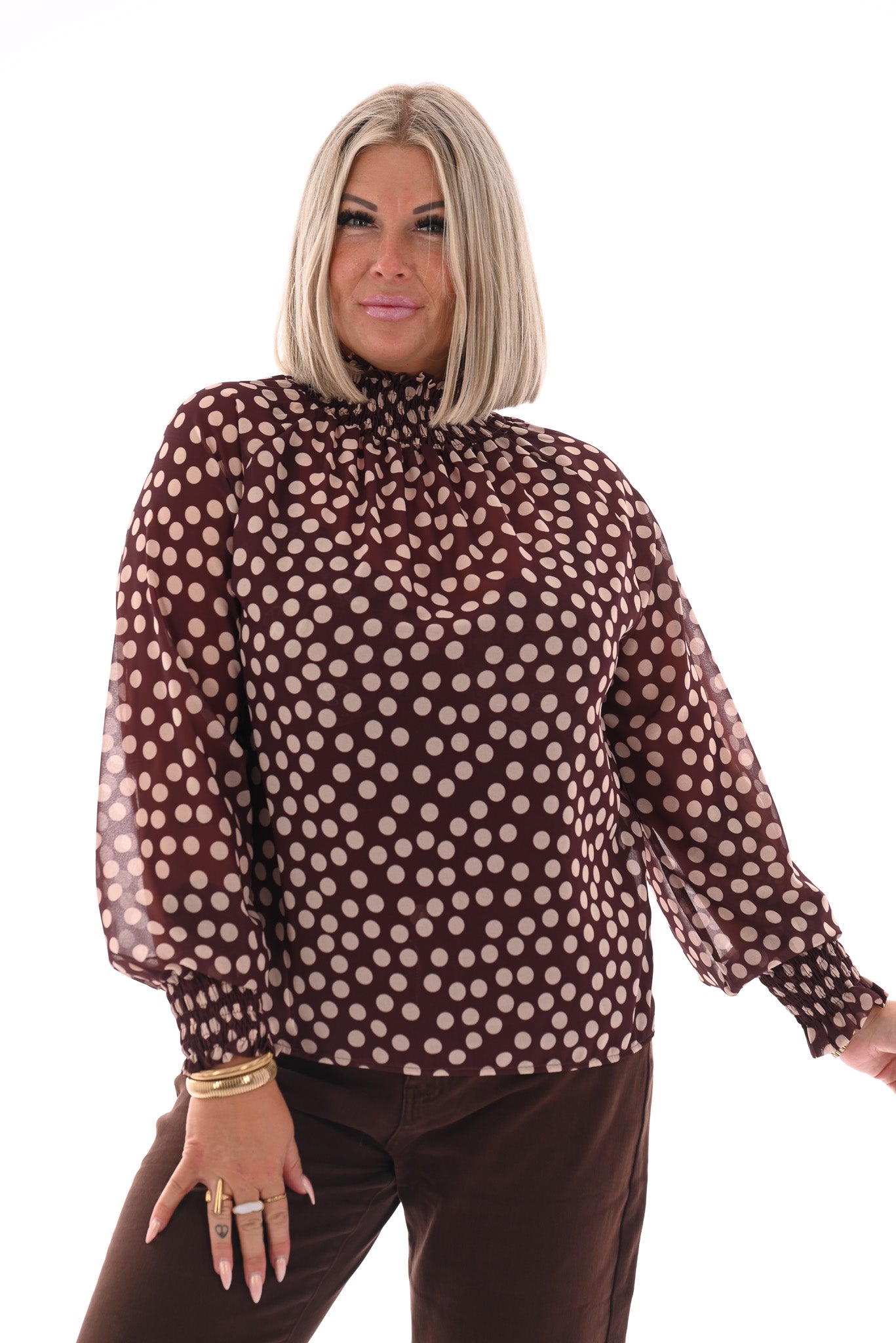 Top smock kraag dots bruin/wit