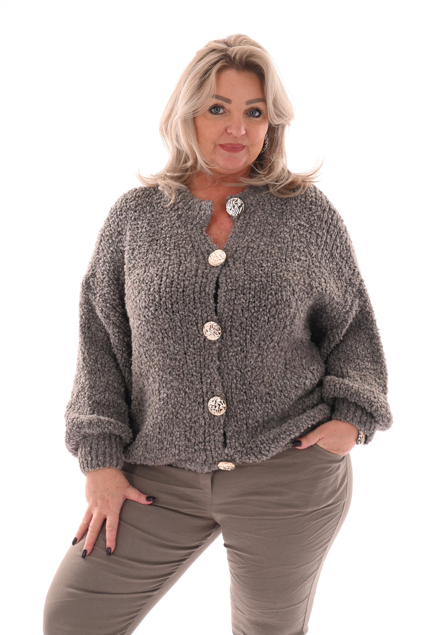 Boucle vest grote knopen taupe