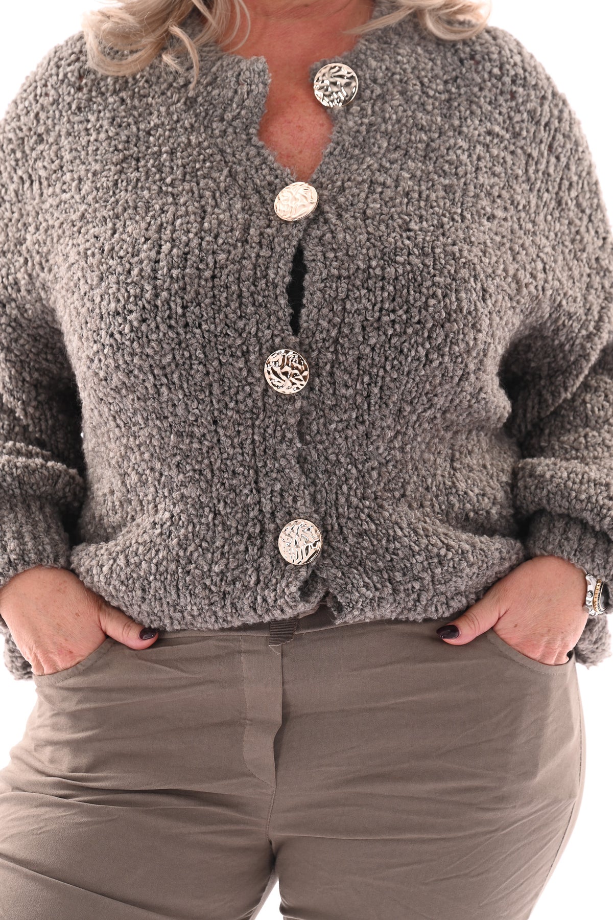Boucle vest grote knopen taupe