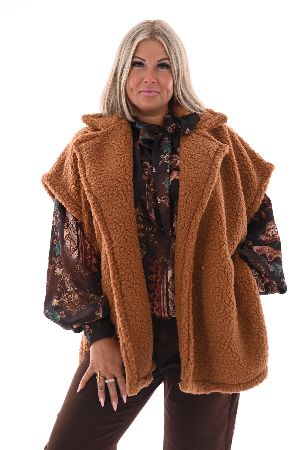Lange teddy gilet camel
