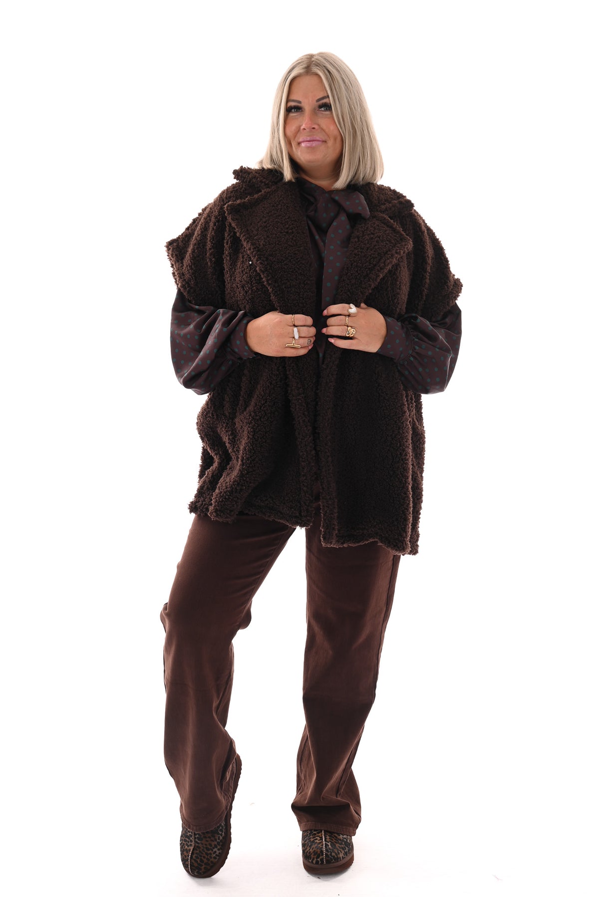 Lange teddy gilet donkerbruin