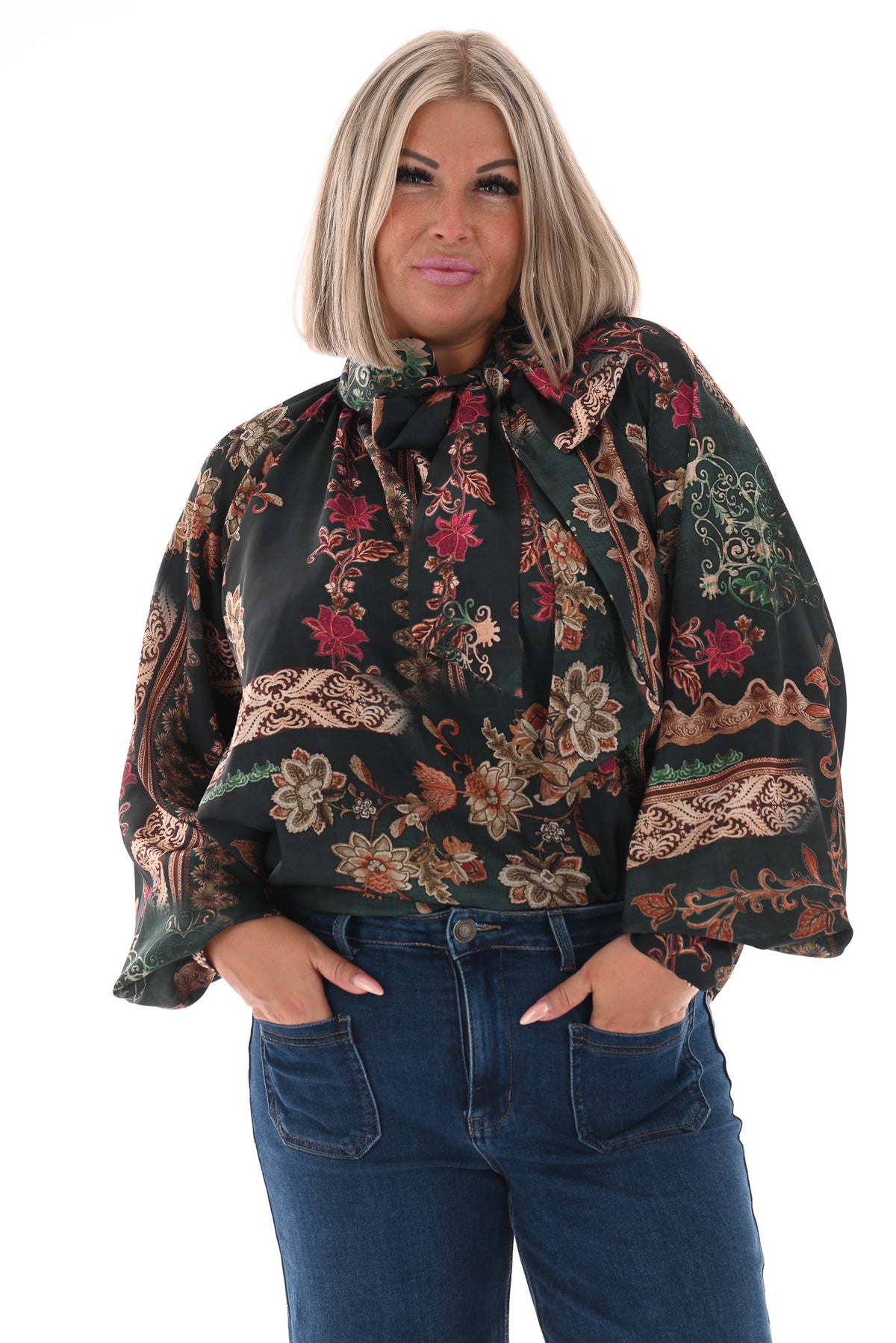 Silky blouse met strik paisley donkergroen