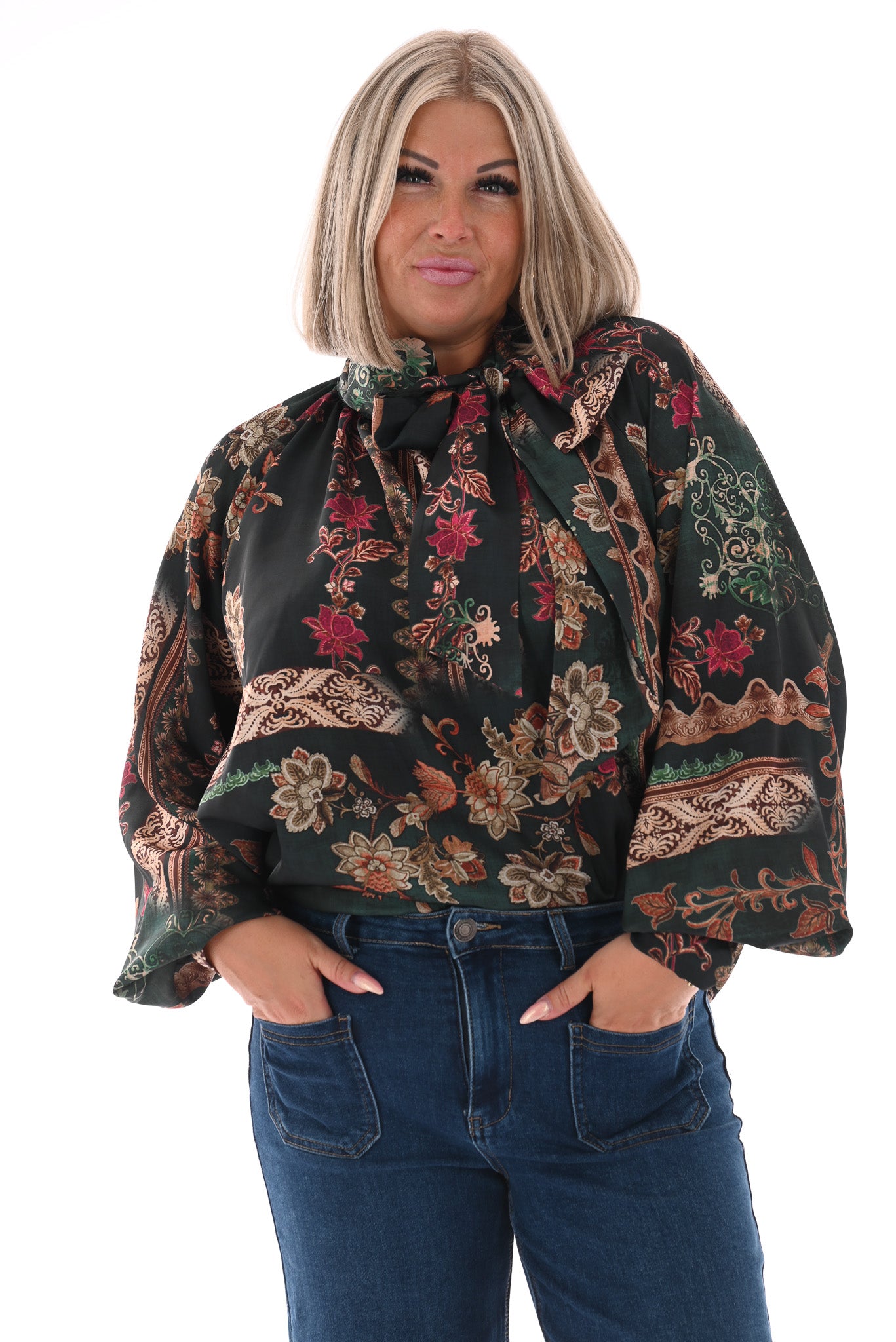 Silky blouse met strik paisley donkergroen