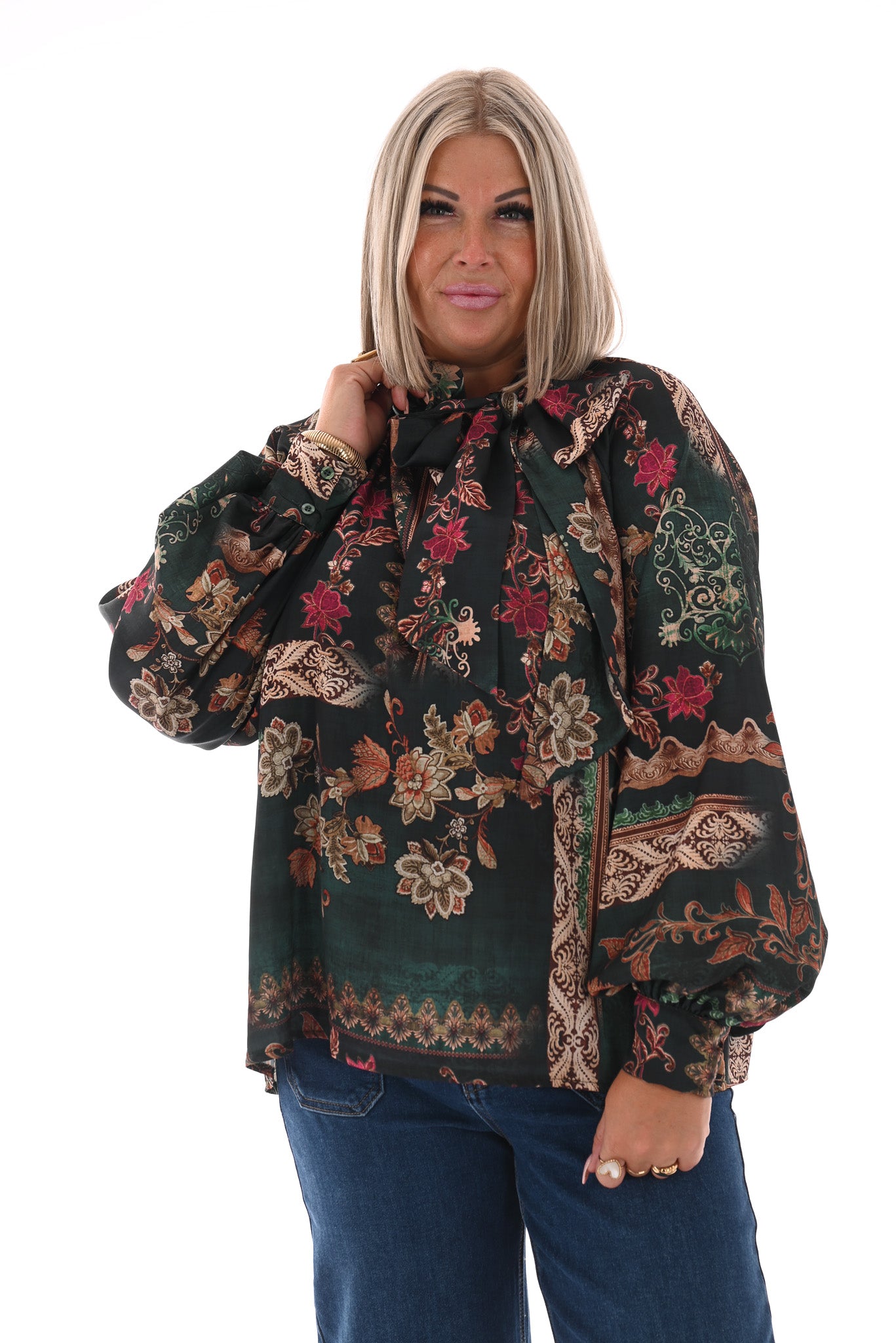 Silky blouse met strik paisley donkergroen