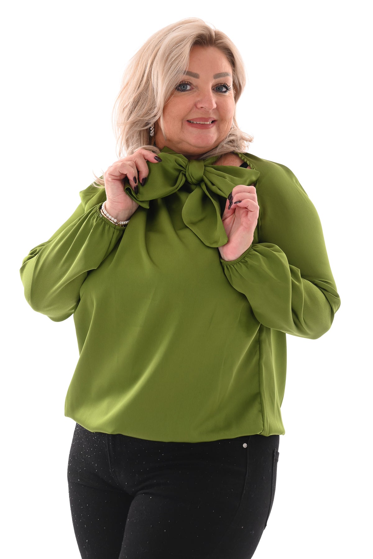 Silky blouse met strik uni groen
