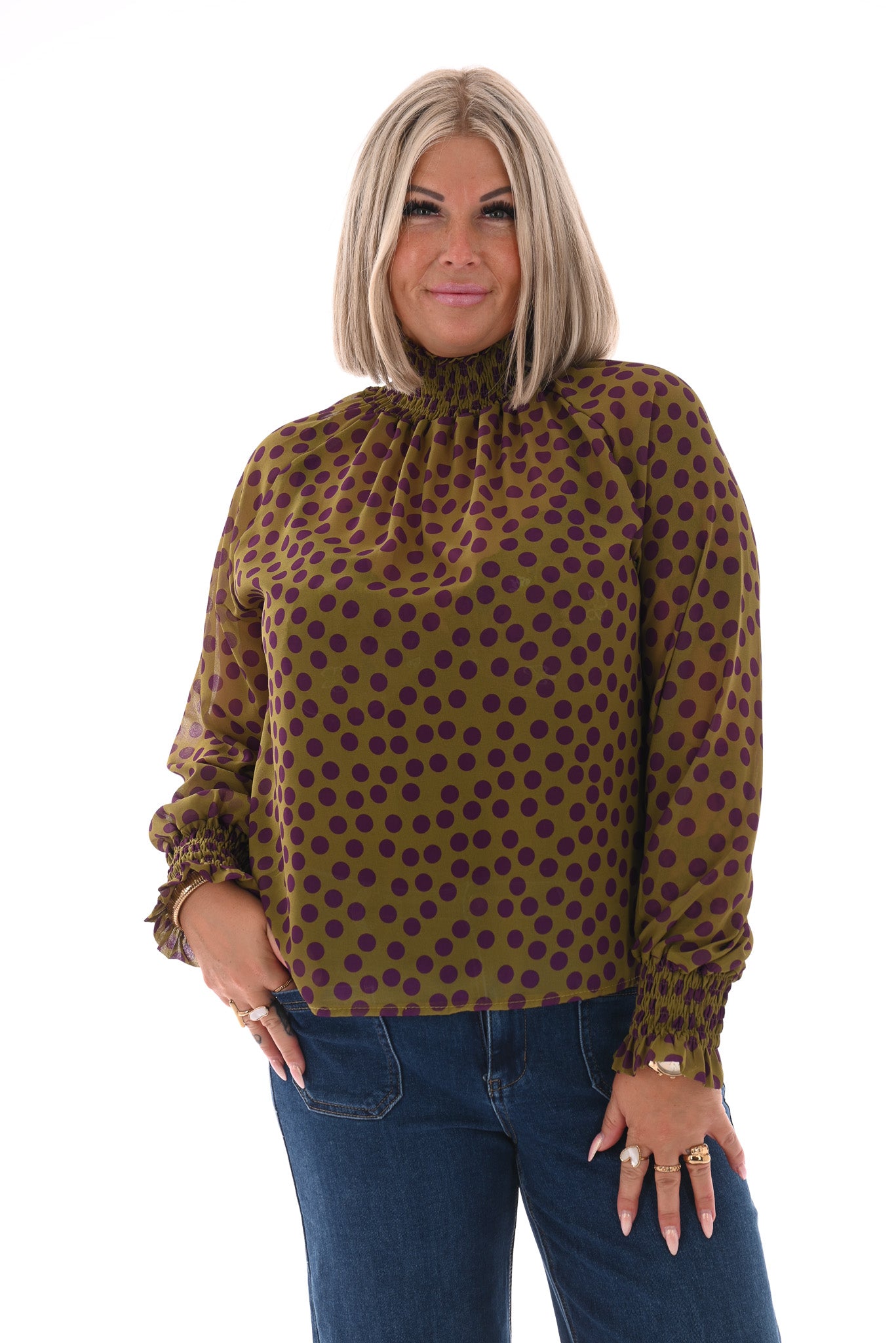Top smock kraag dots groen/paars