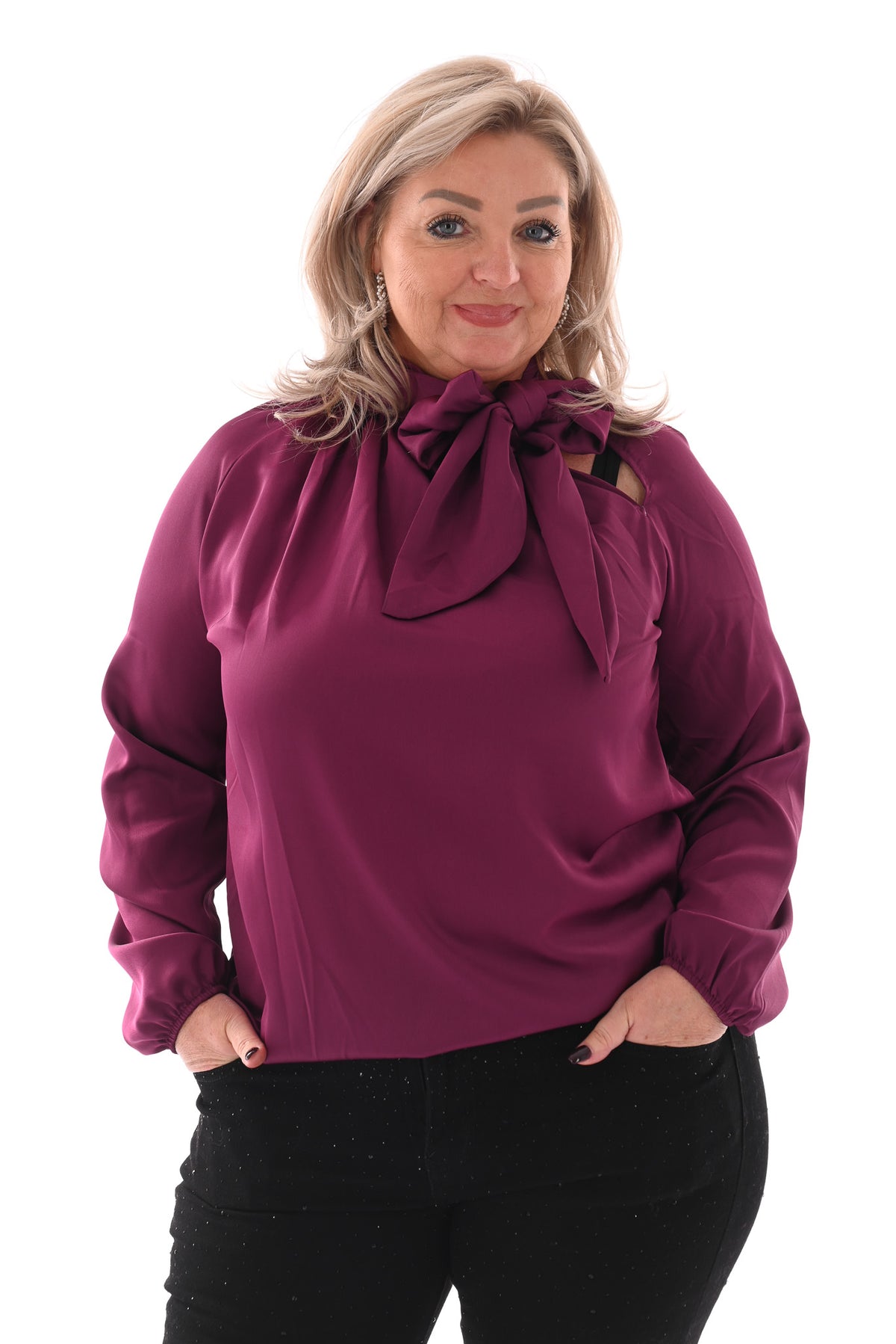 Silky blouse met strik uni aubergine
