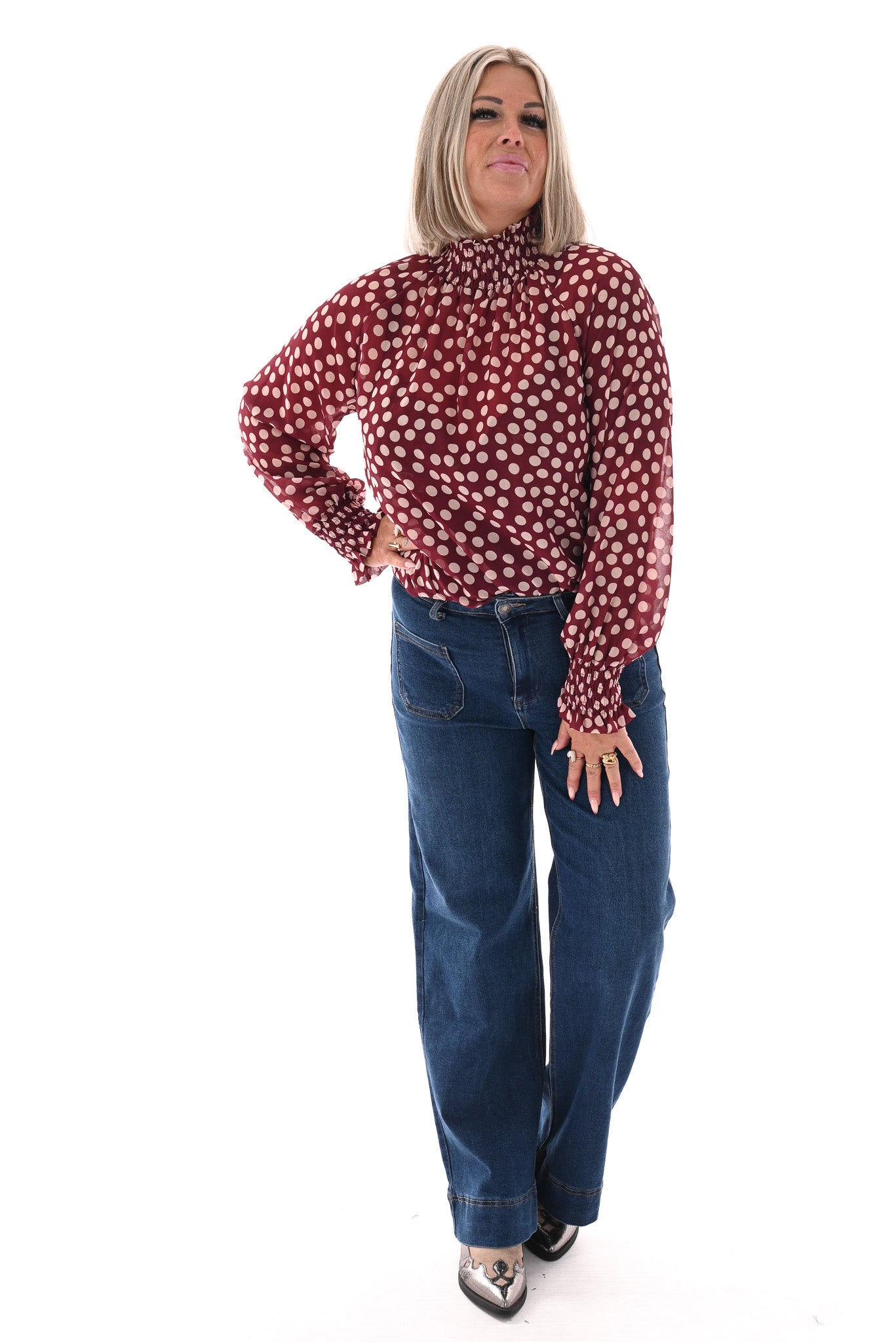 Top smock kraag dots bordeaux/wit