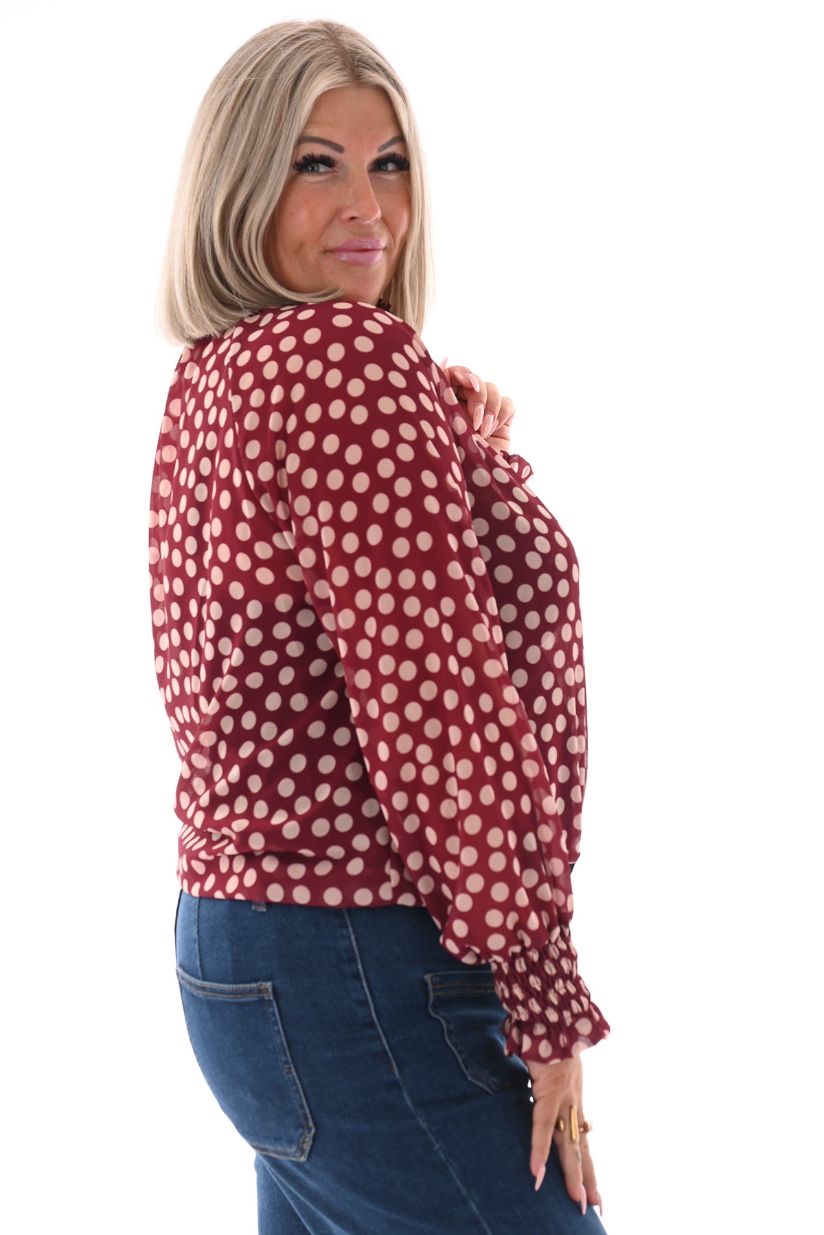 Top smock kraag dots bordeaux/wit