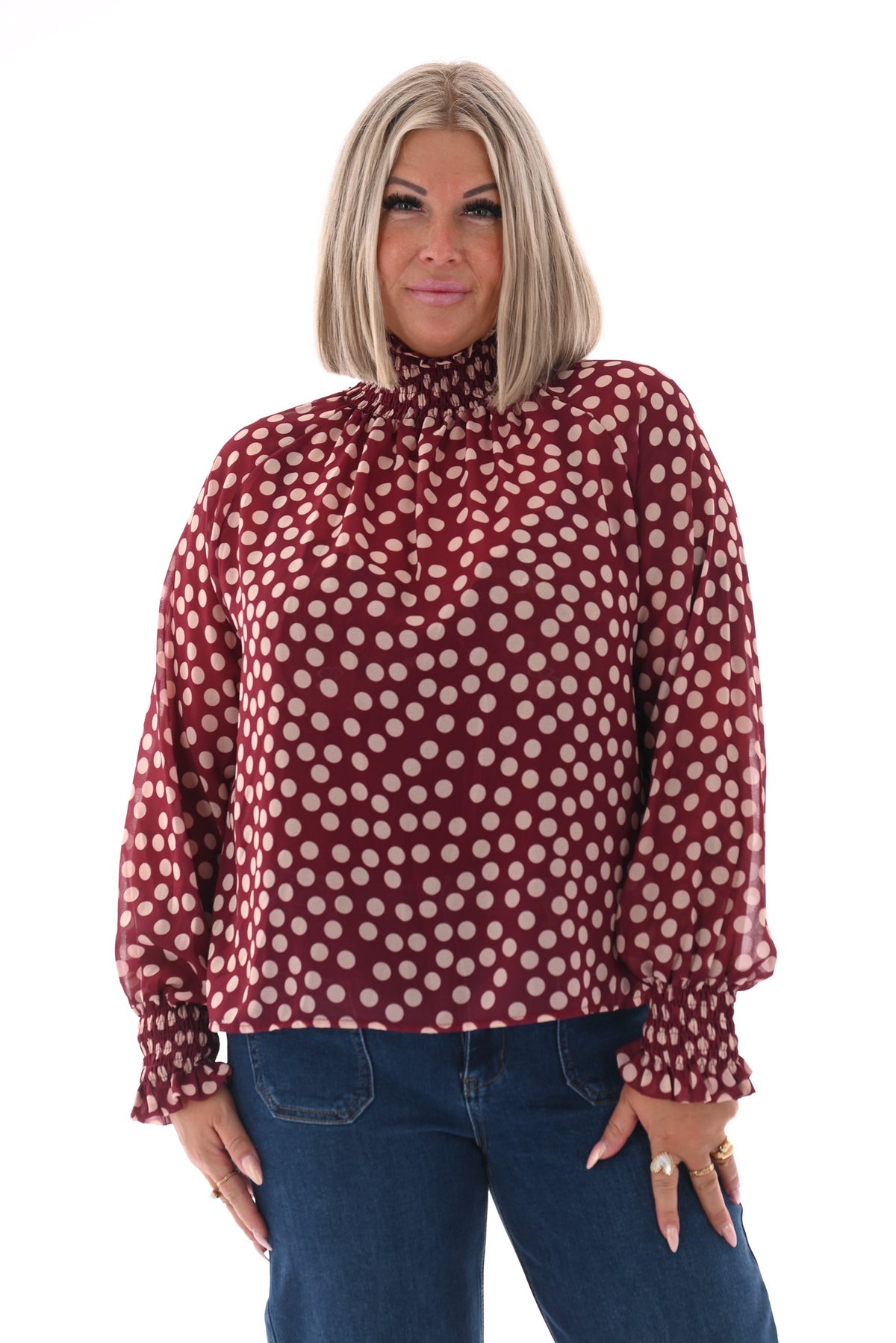 Top smock kraag dots bordeaux/wit