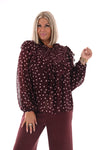 Blouse polka dots met roezel bordeaux