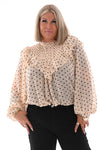 Blouse polka dots met roezel creme