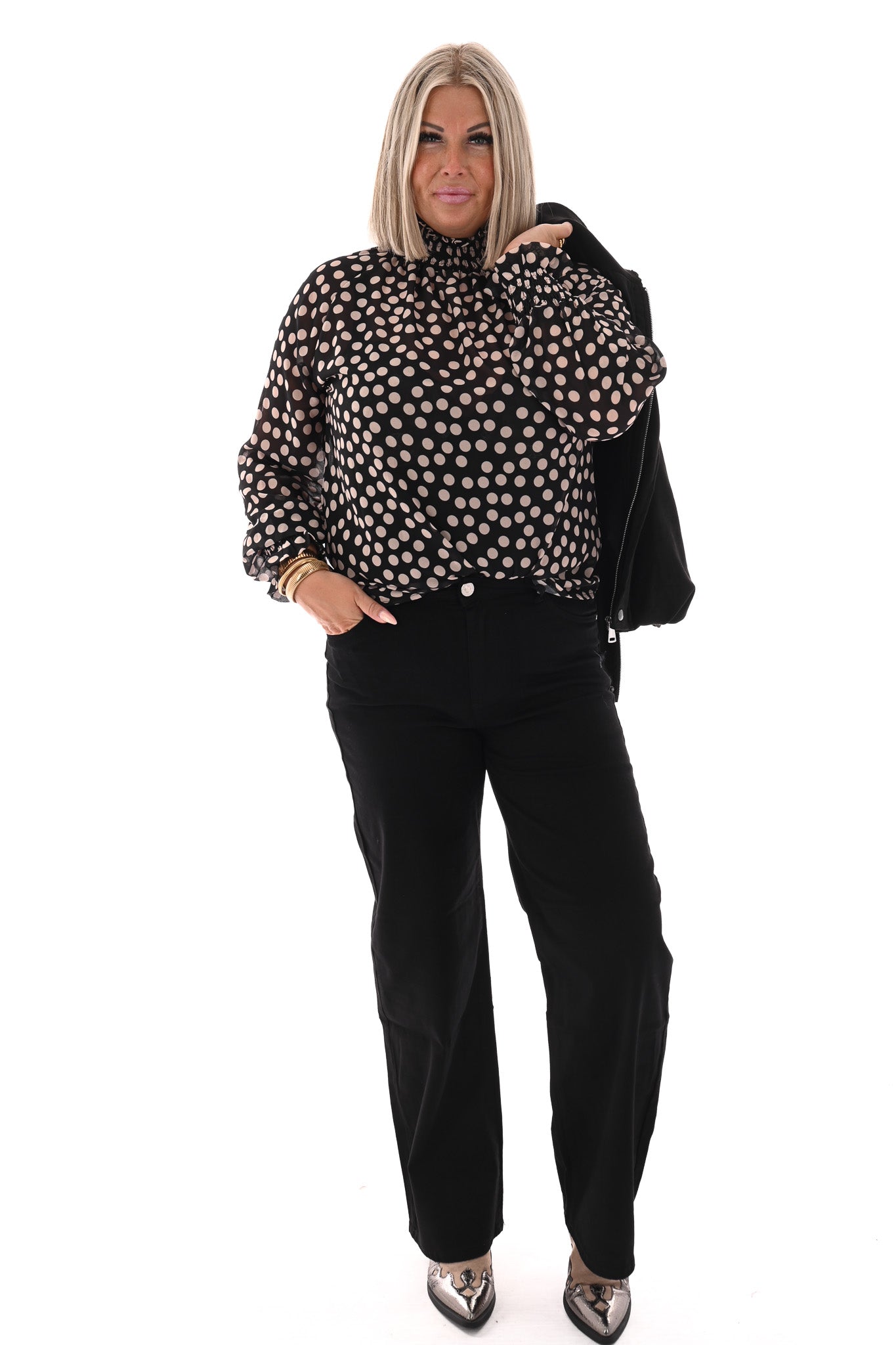 Top smock kraag dots zwart/wit