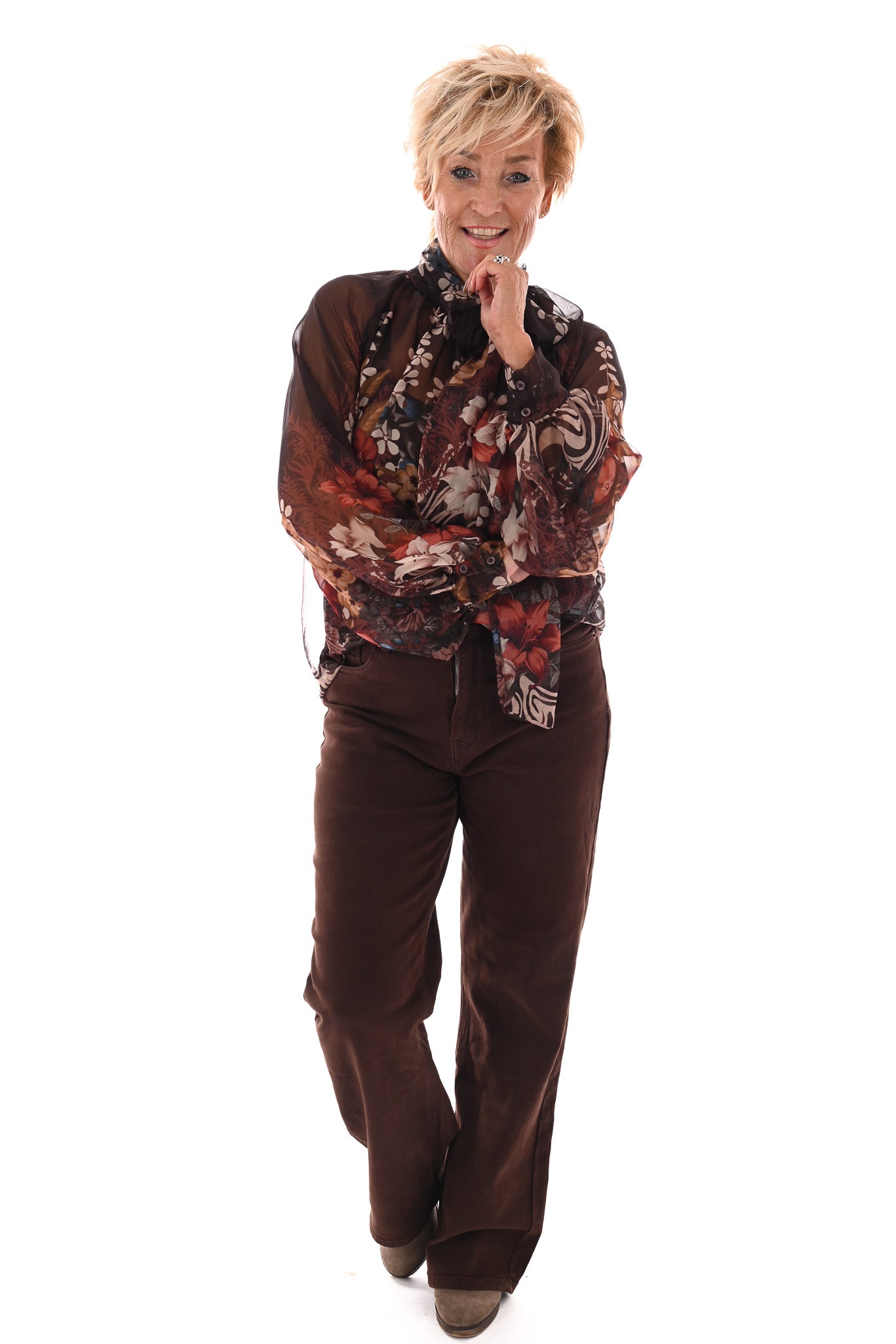 Blouse met strik bloemen donkerbruin