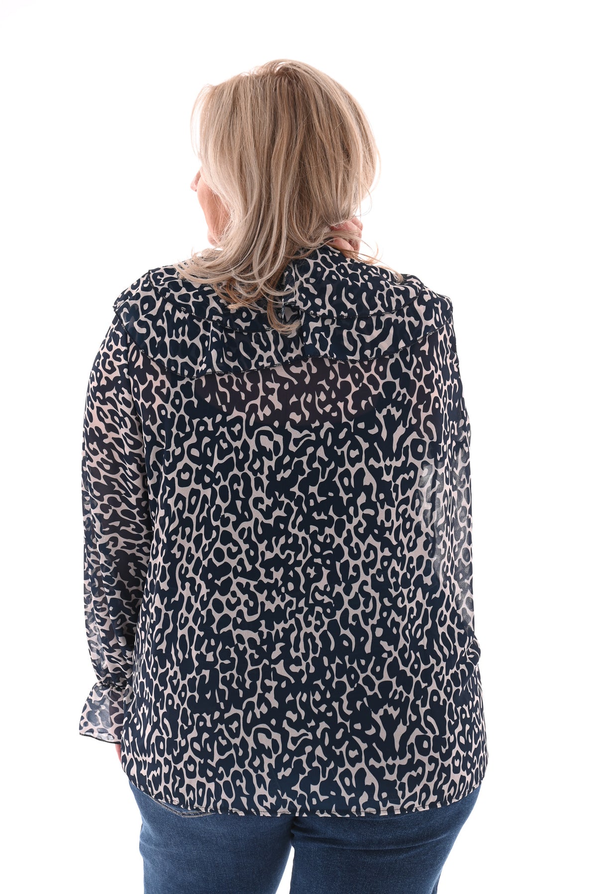 Doorknoop blouse roezels met trompetmouwen marineblauw