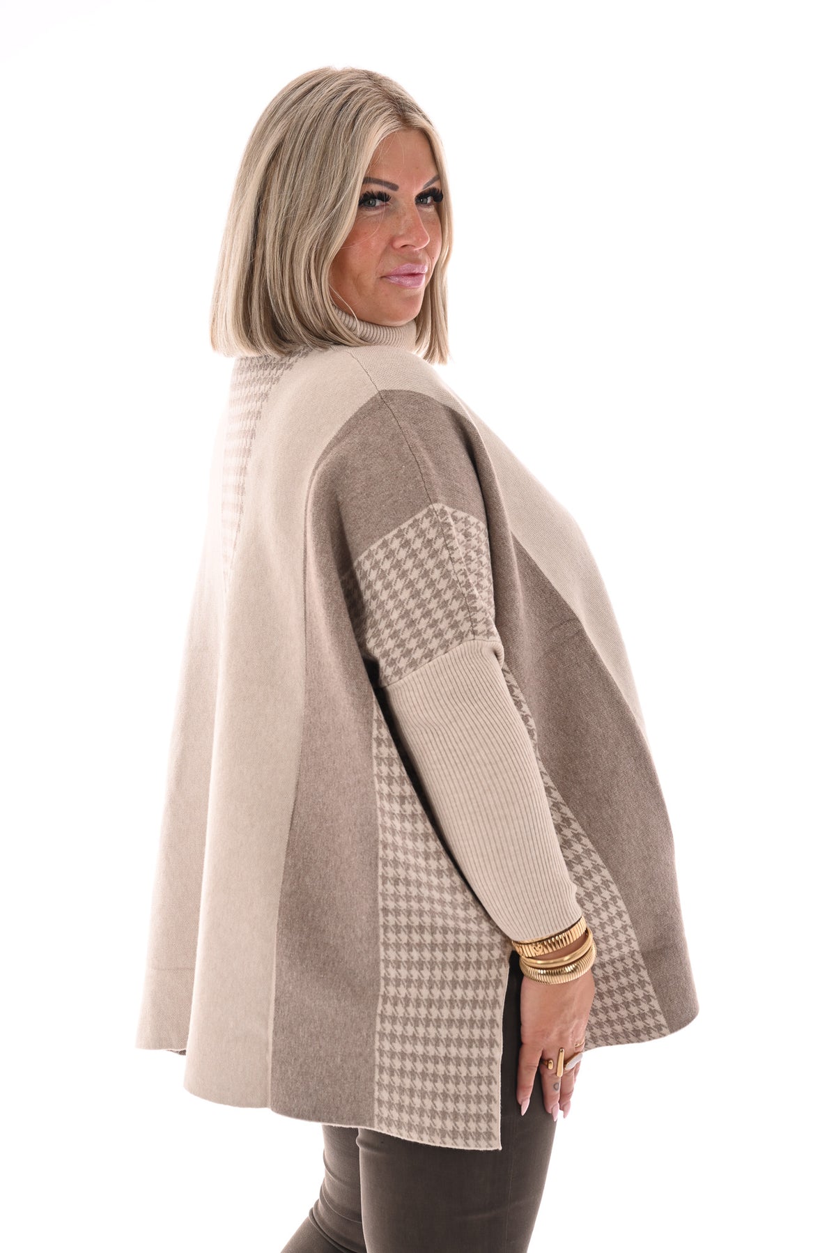 Trui print half pied-de-poule beige/taupe