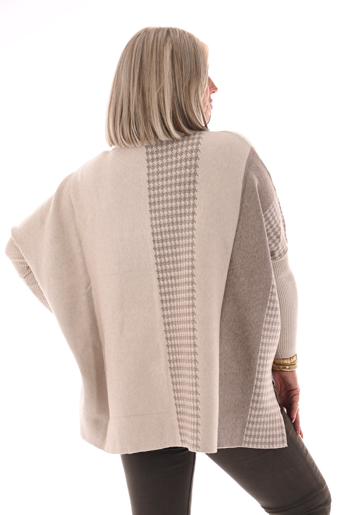 Trui print half pied-de-poule beige/taupe
