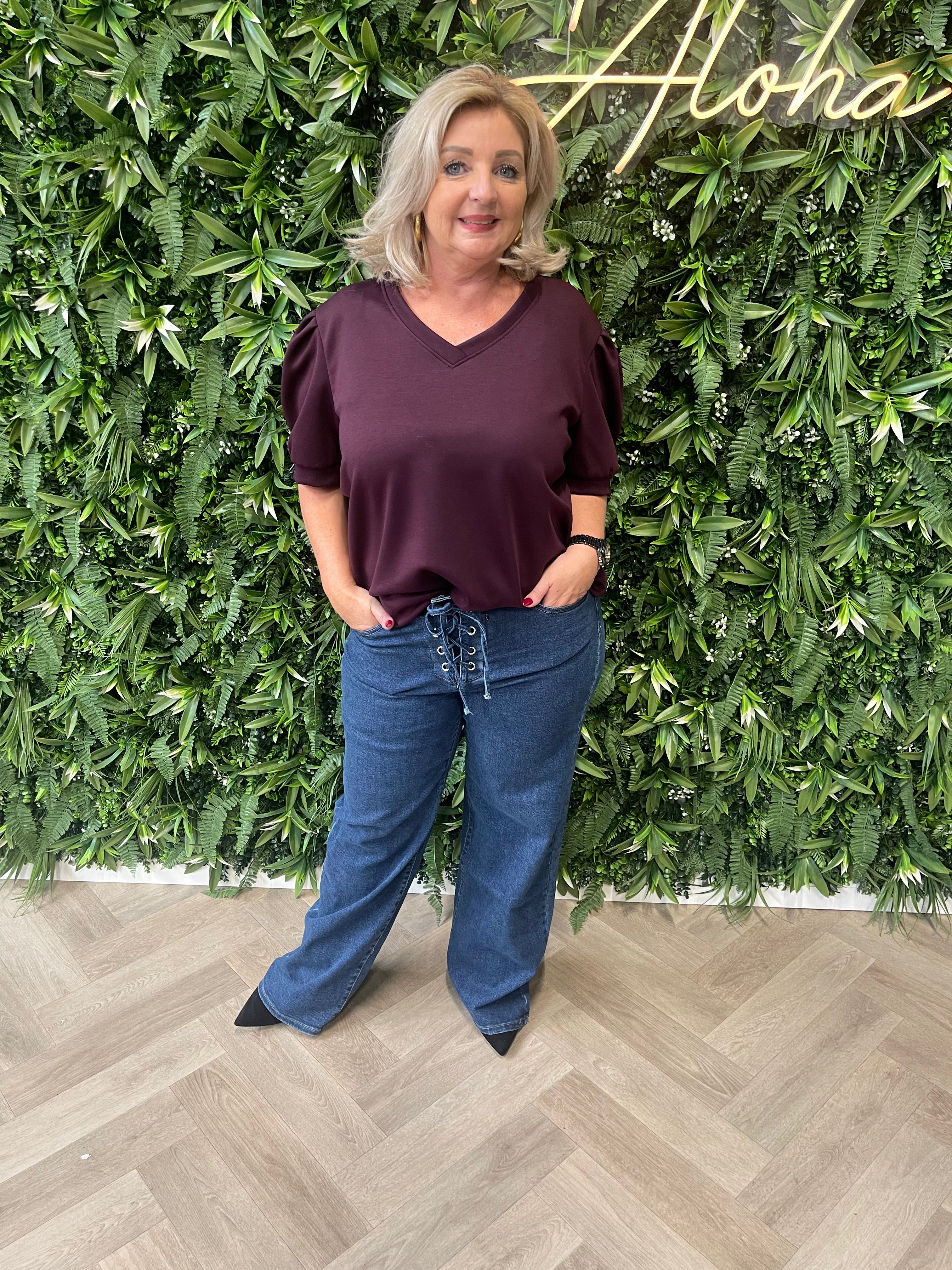 Sweater v-hals korte pofmouwen aubergine