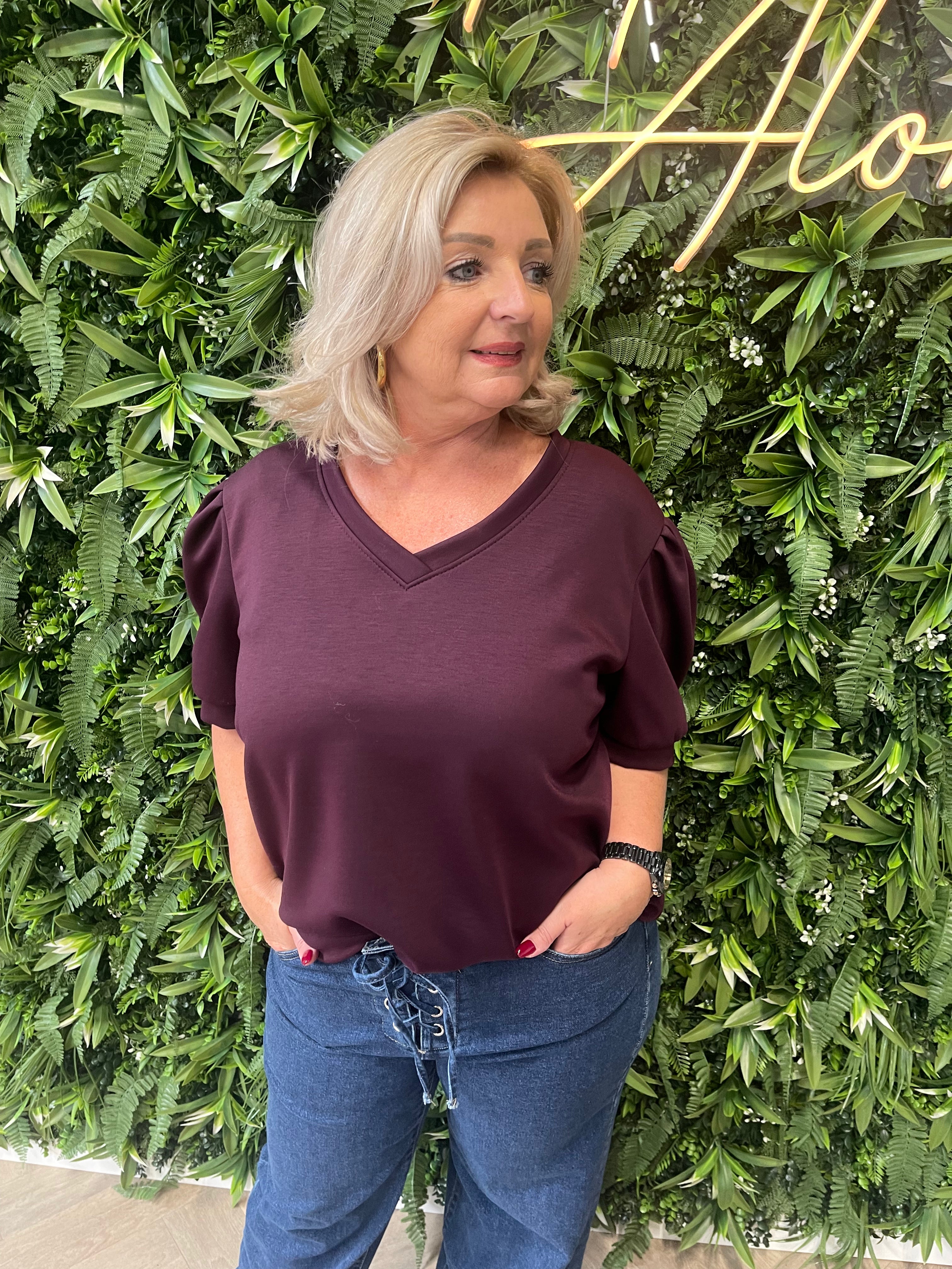 Sweater v-hals korte pofmouwen aubergine