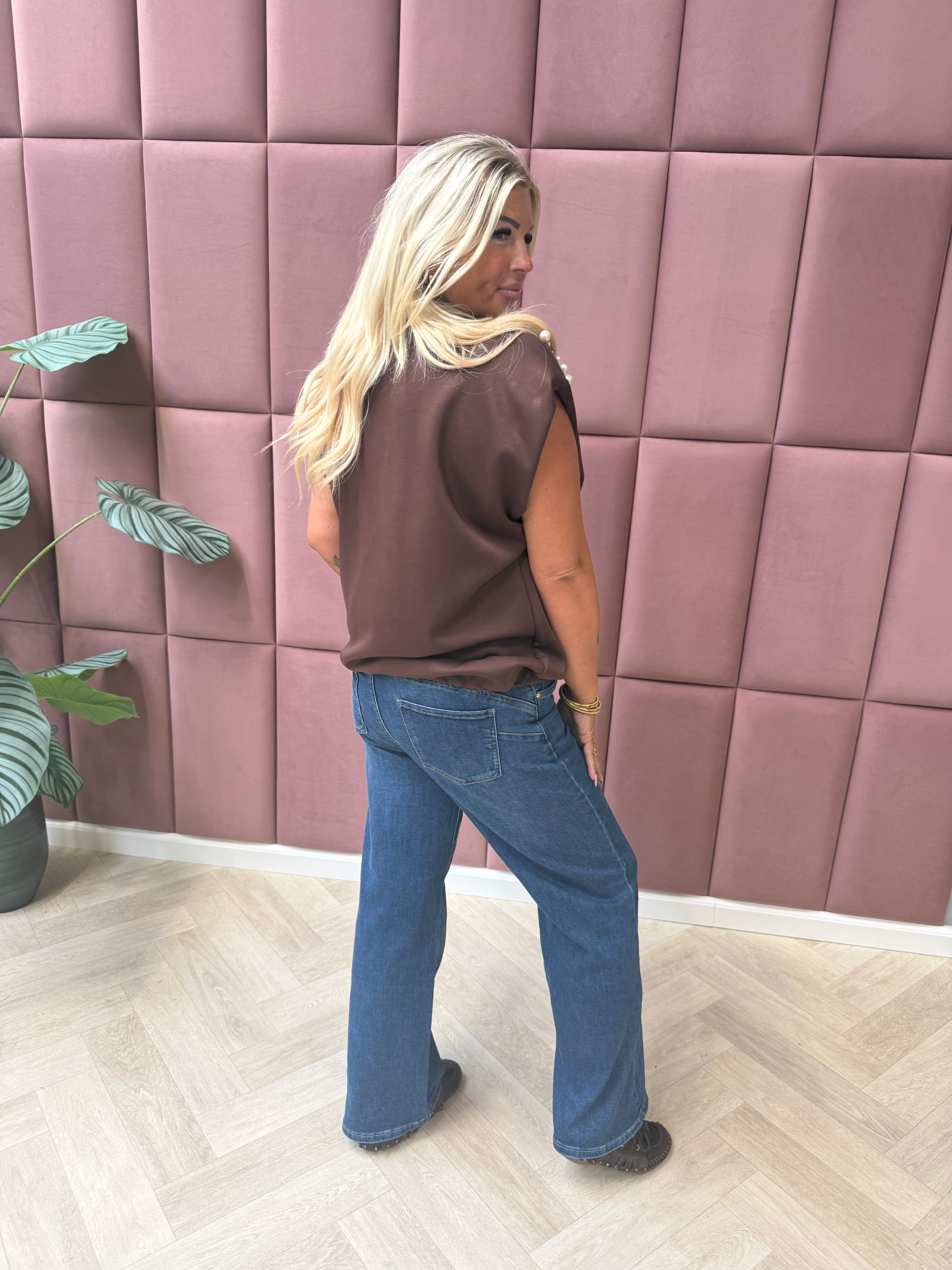 Shirt kapmouwen parels bruin