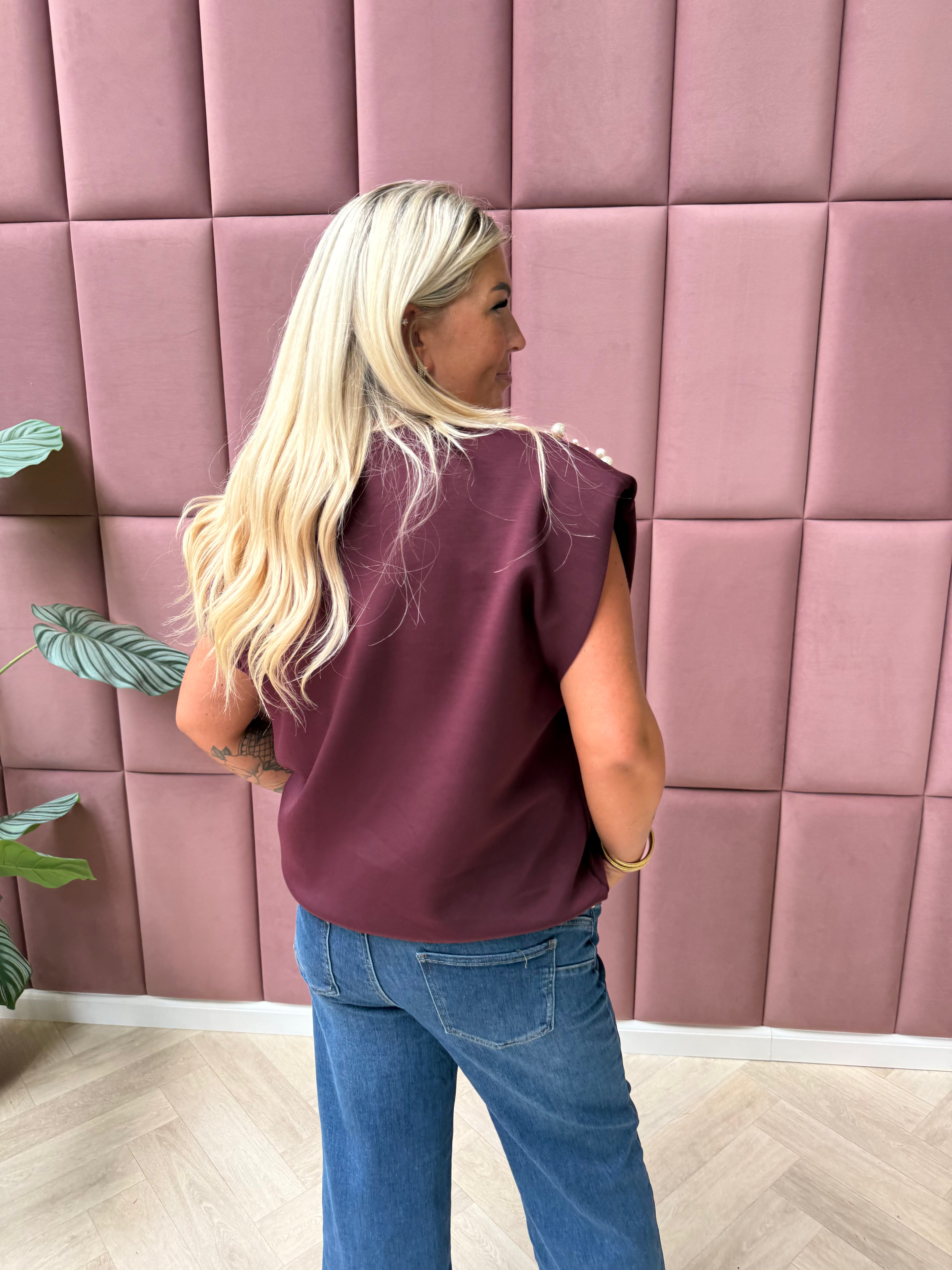 Shirt kapmouwen parels bordeaux