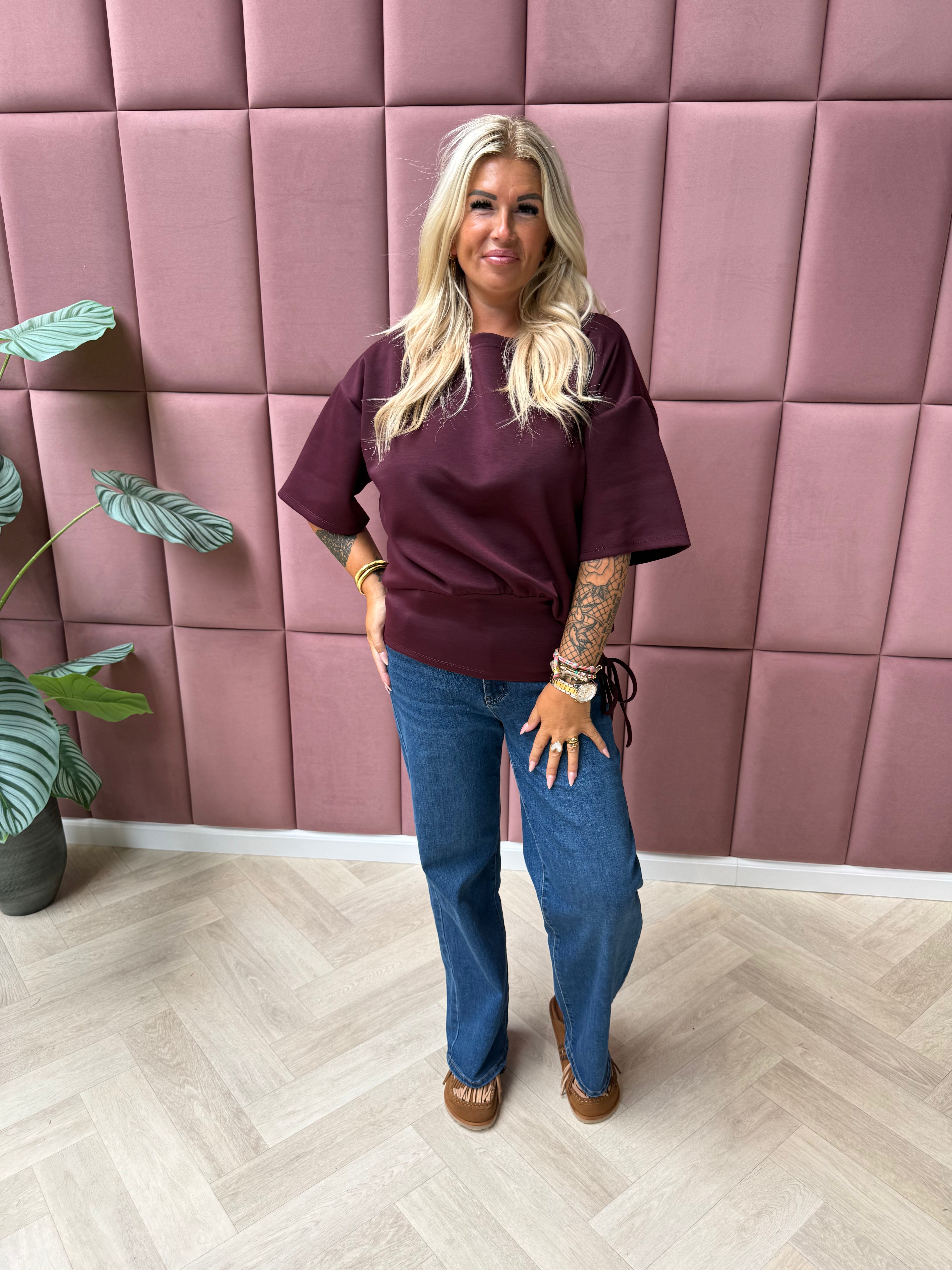 Sweater korte mouwen met strik bordeaux