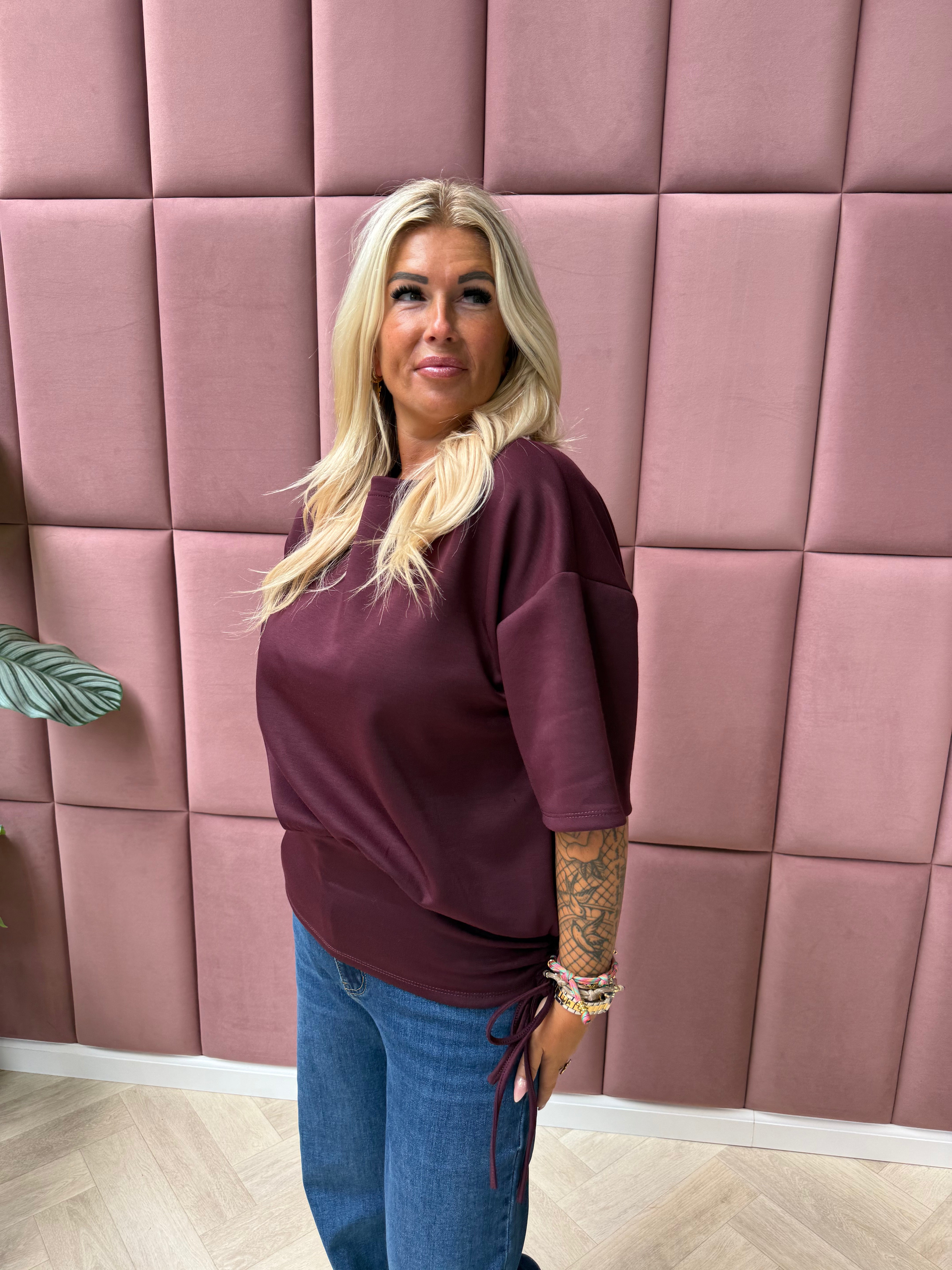 Sweater korte mouwen met strik bordeaux