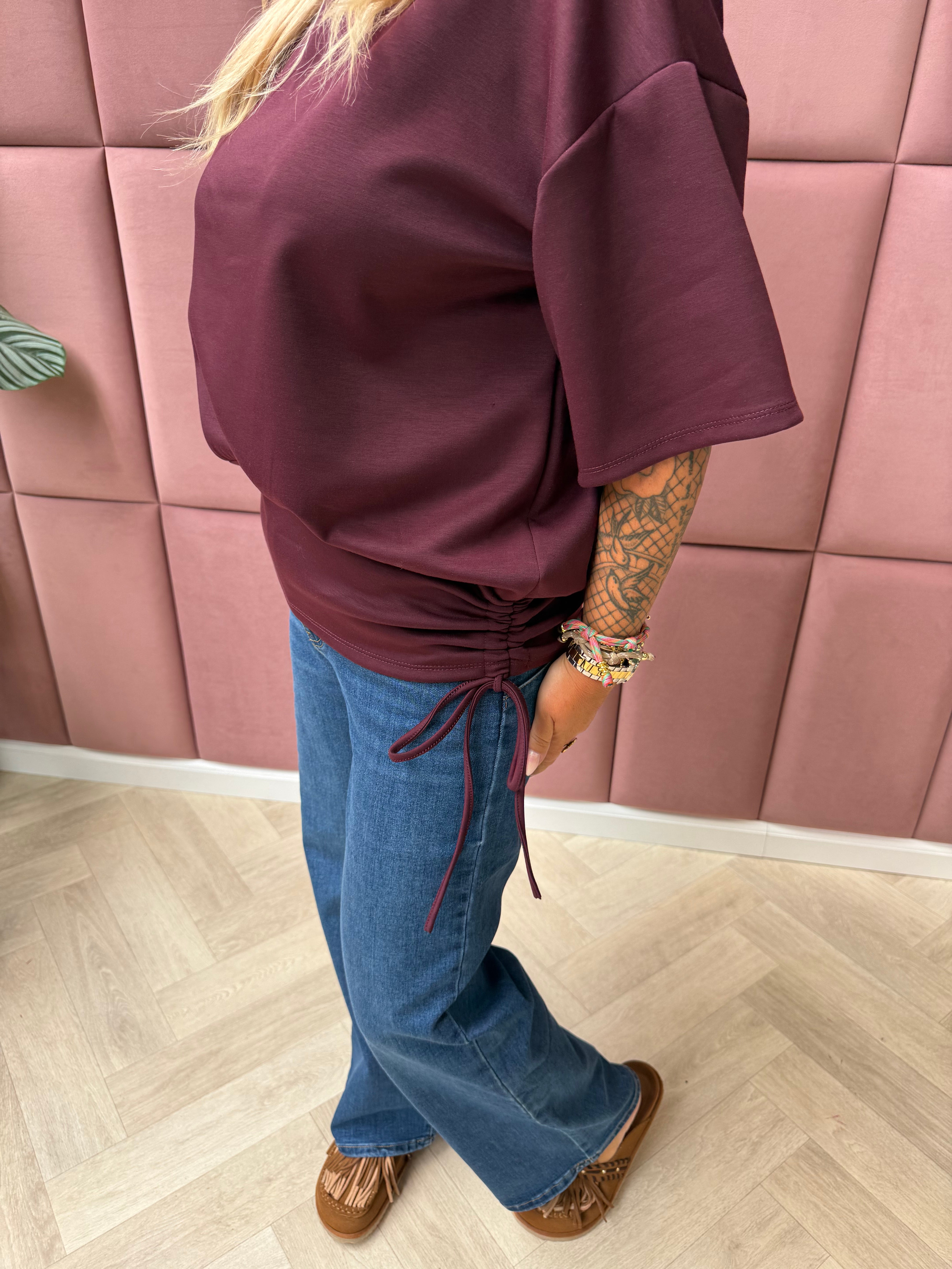 Sweater korte mouwen met strik bordeaux