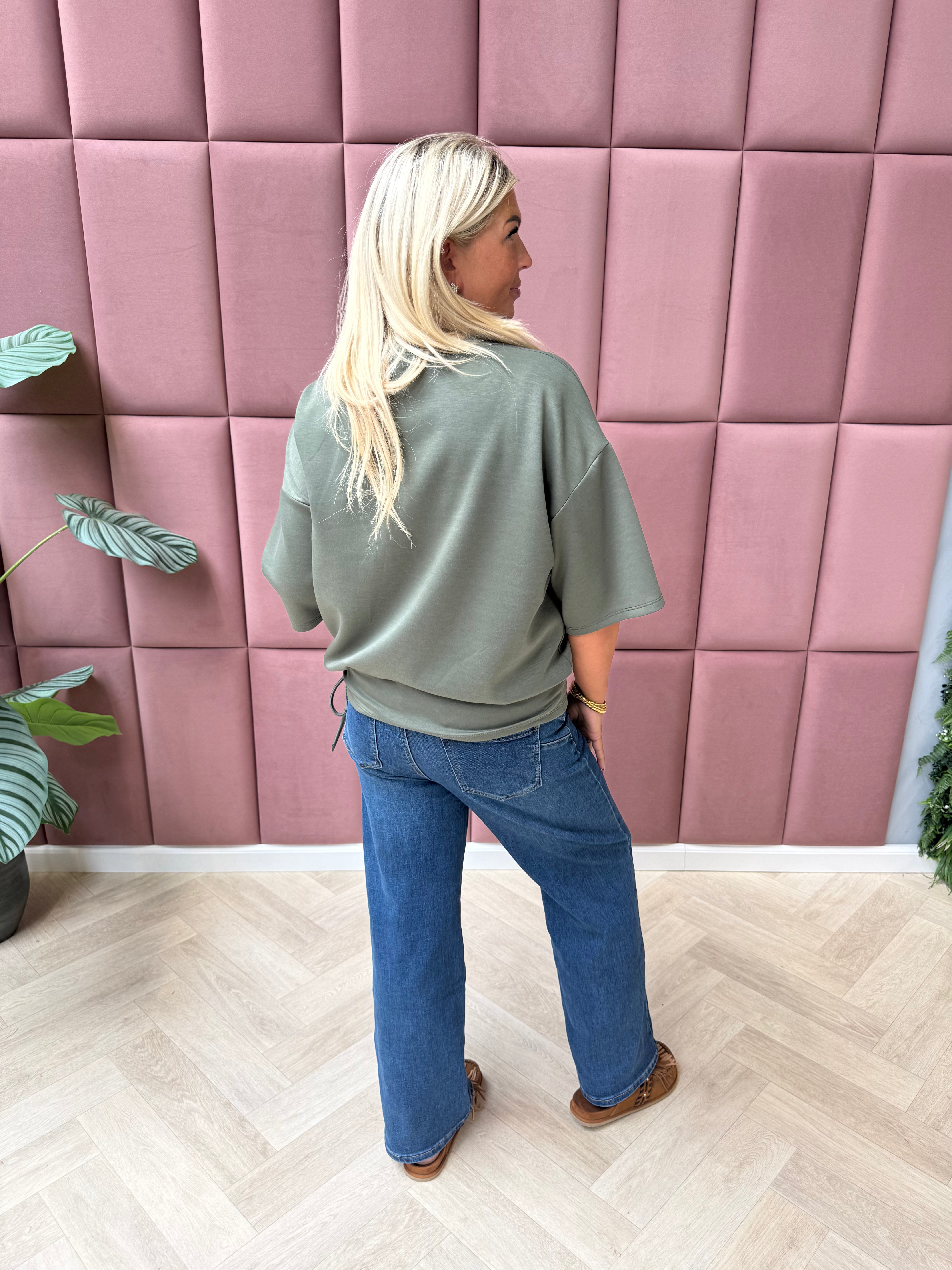 Sweater korte mouwen met strik olijfgroen