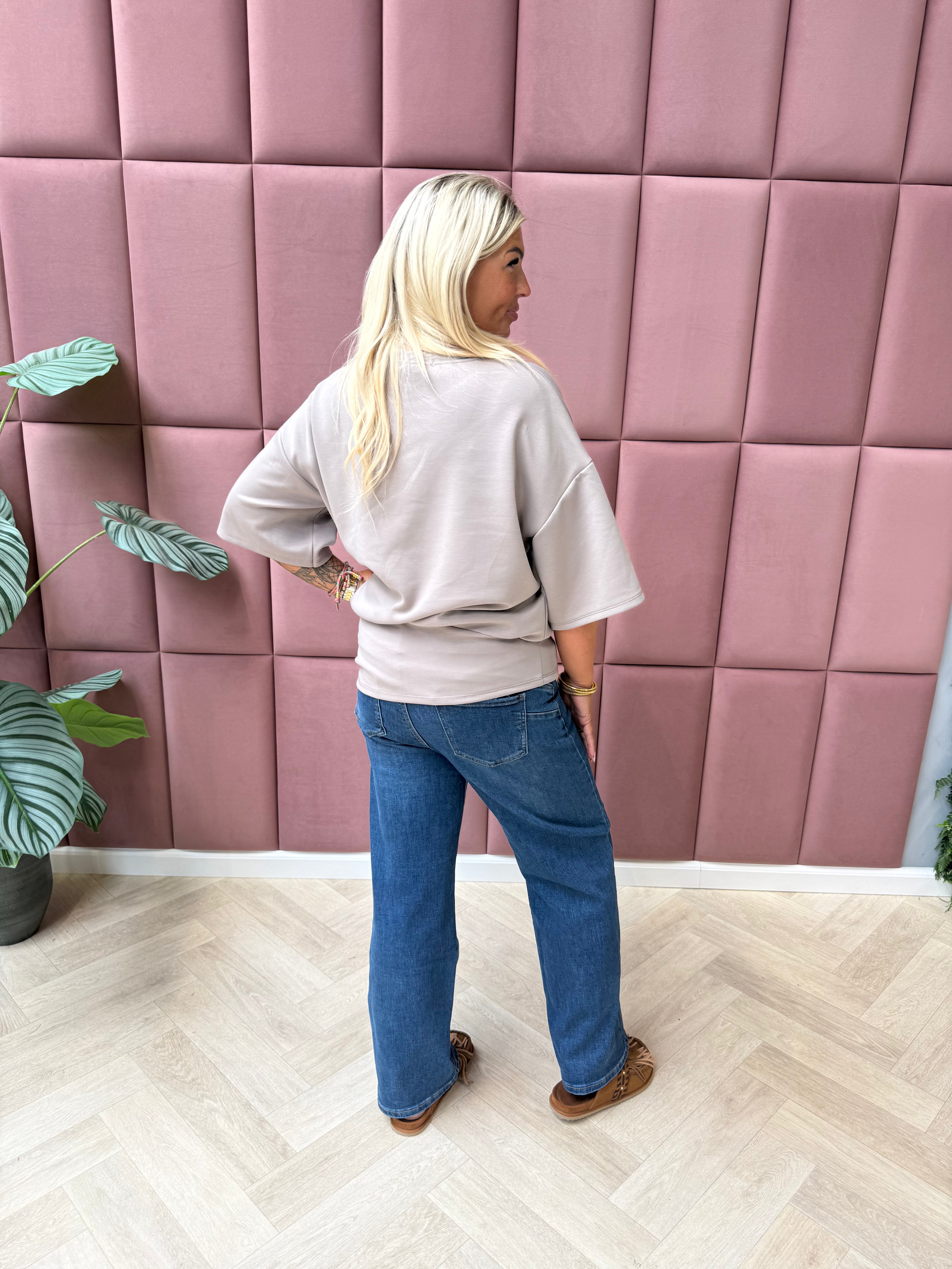 Sweater korte mouwen met strik taupe