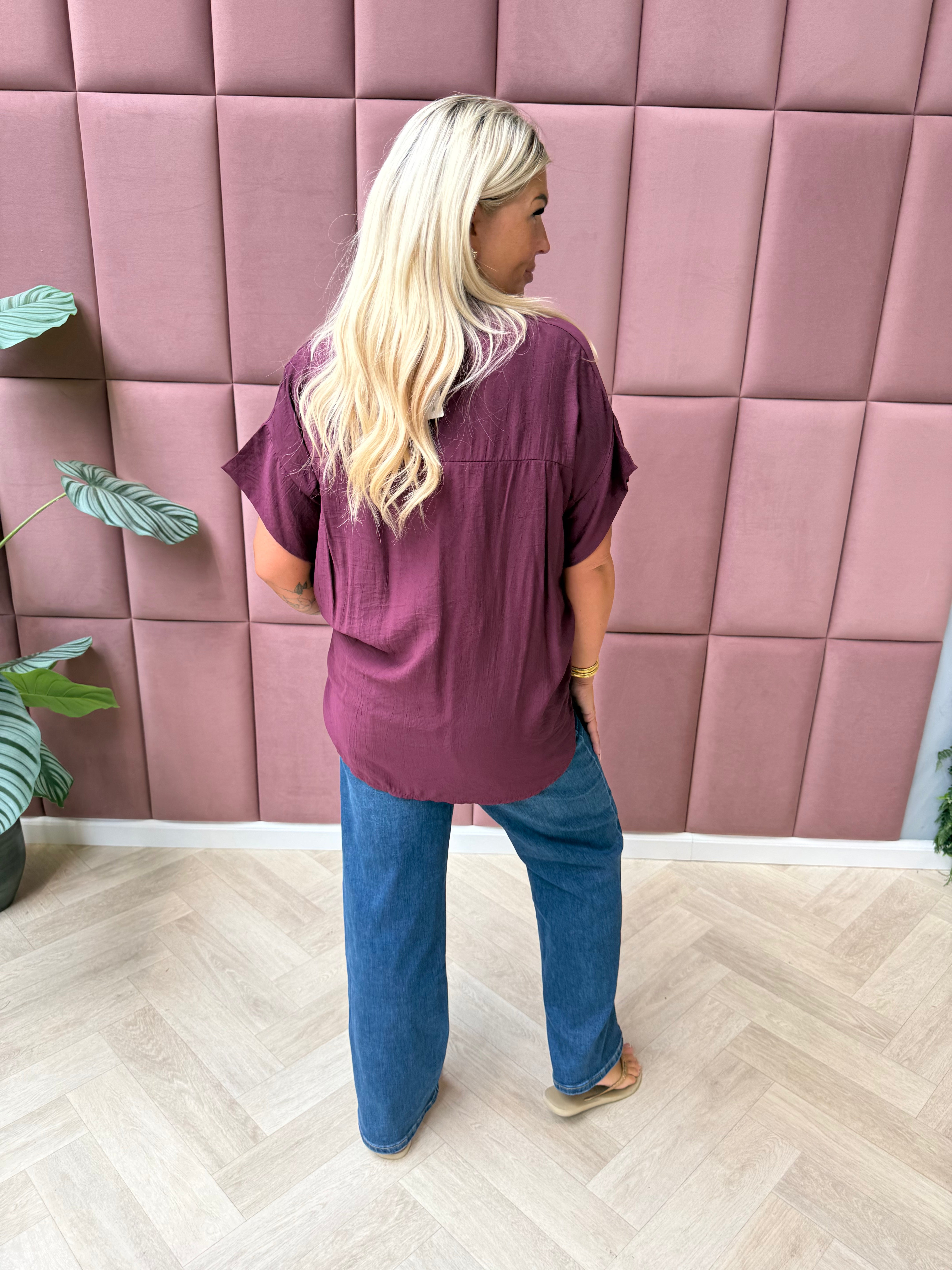 Blouse korte mouwen met veterdetail aubergine