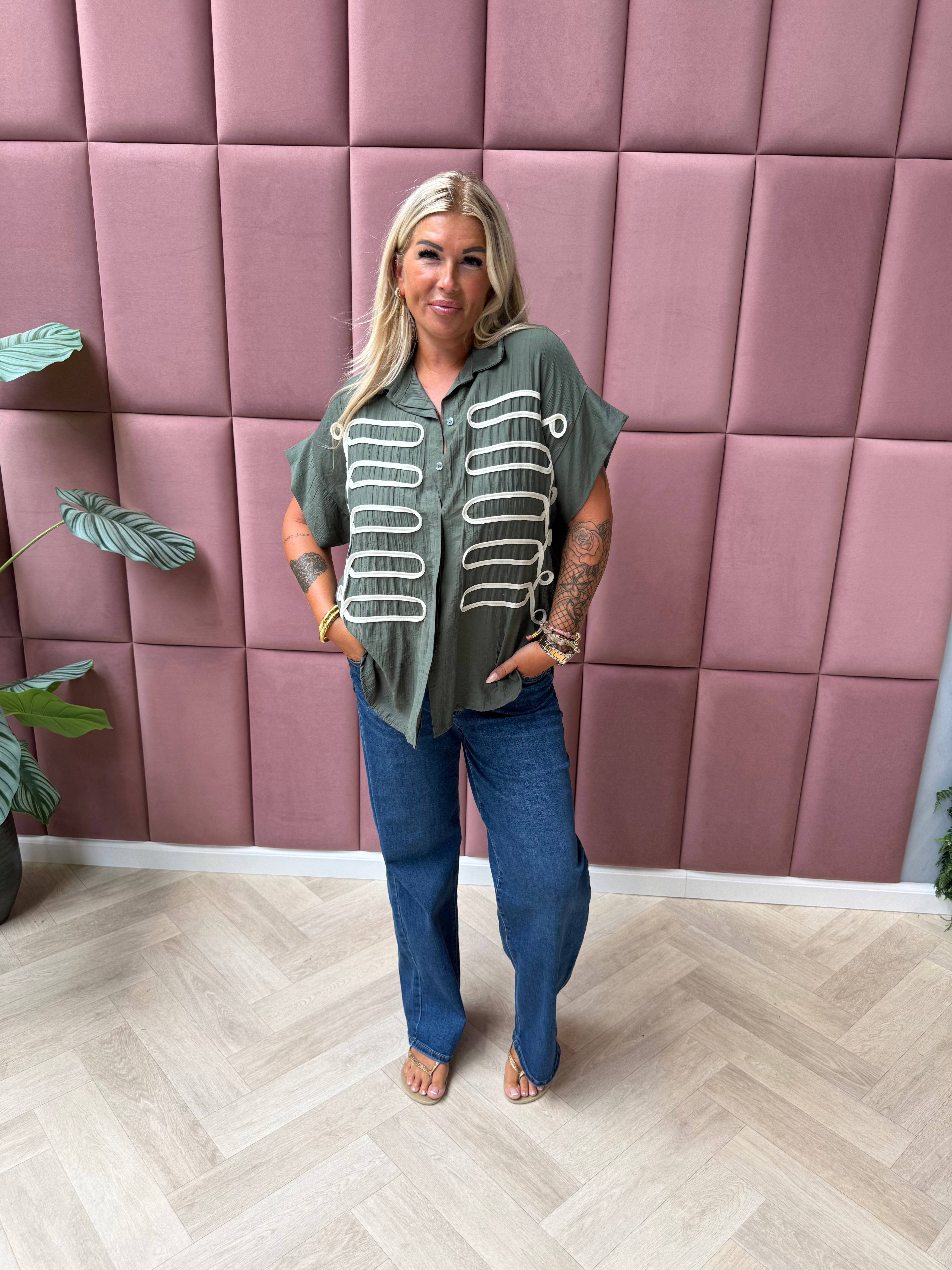 Blouse korte mouwen met veterdetail olijfgroen