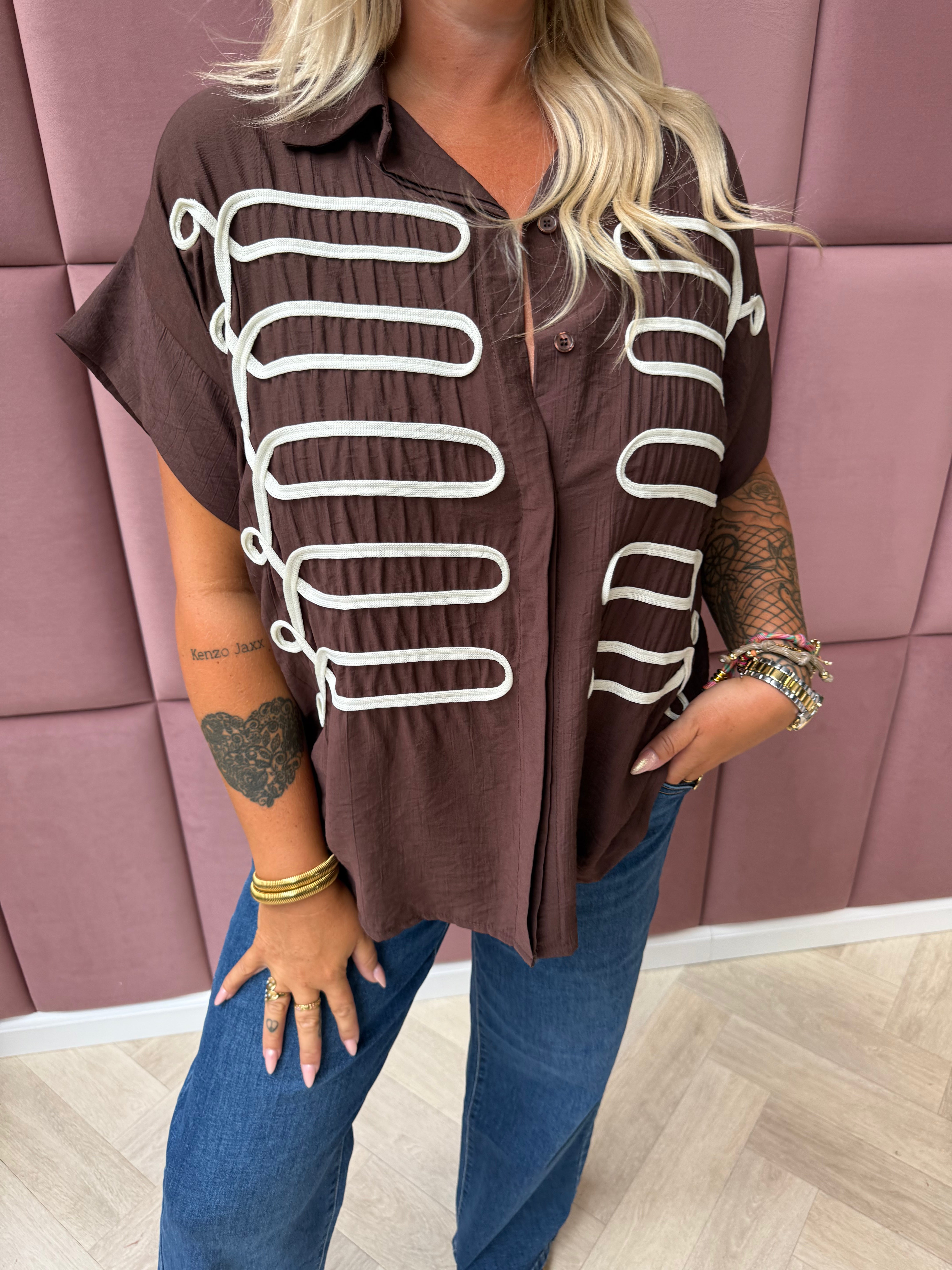 Blouse korte mouwen met veterdetail bruin