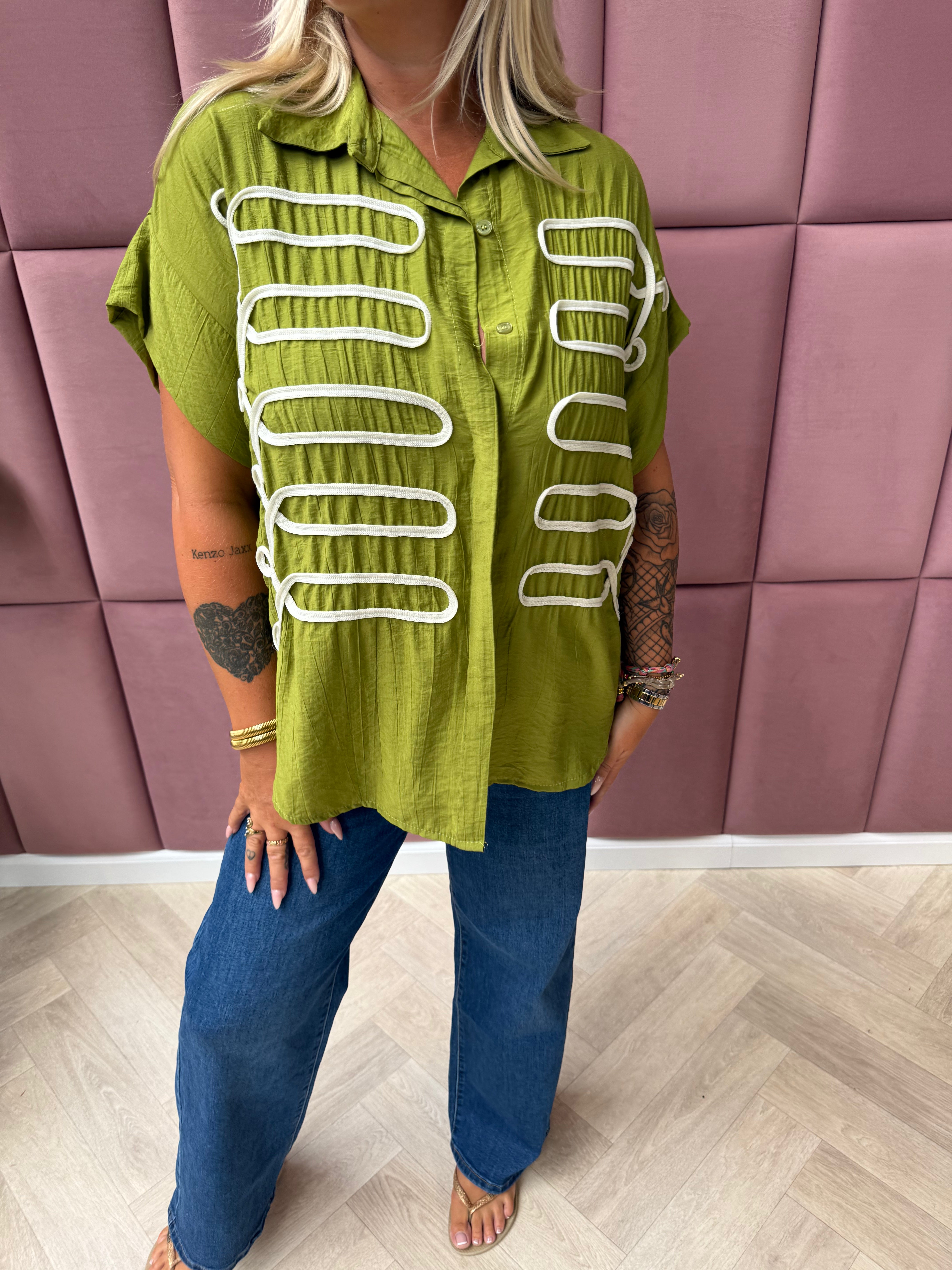 Blouse korte mouwen met veterdetail lime