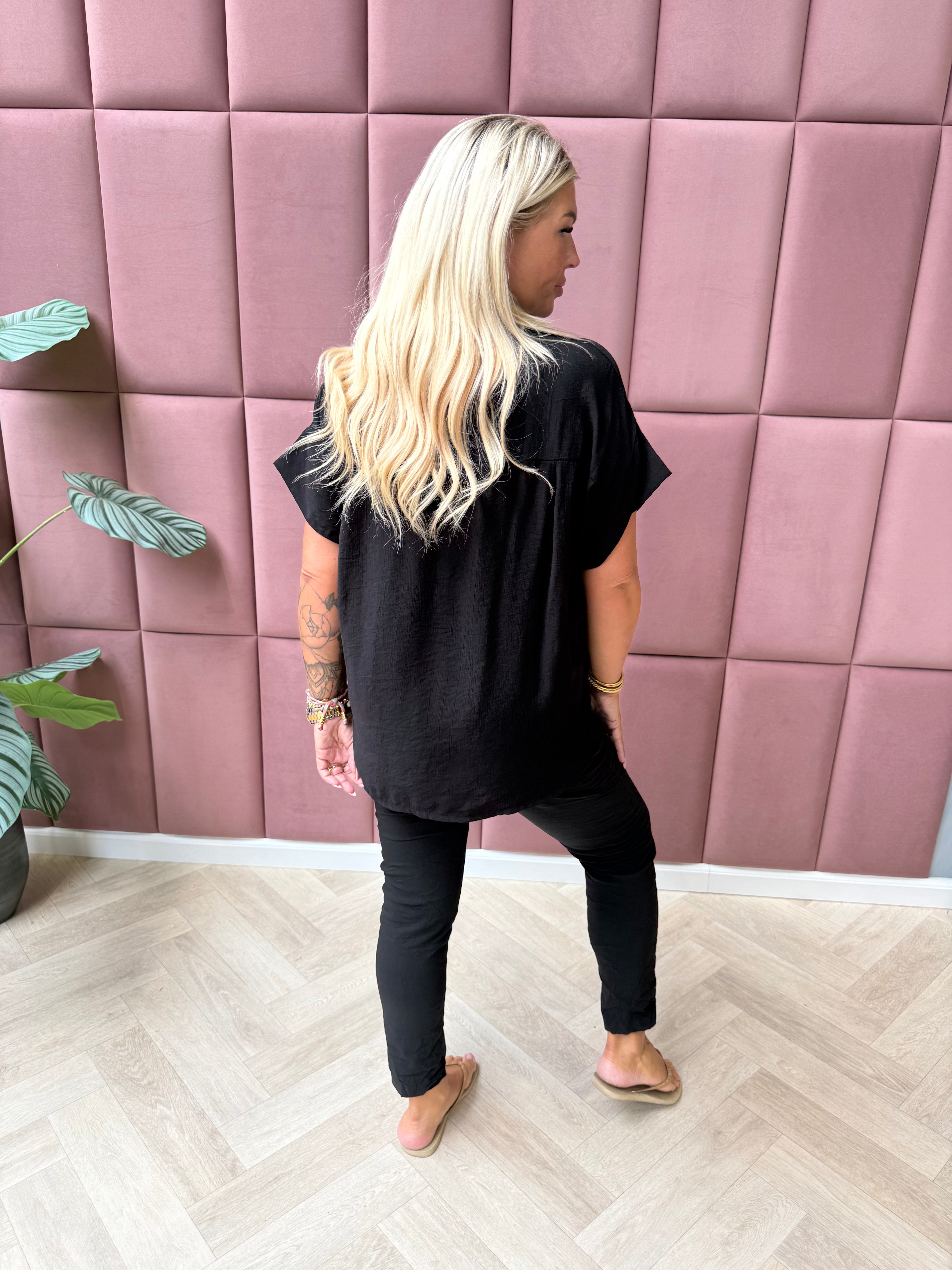 Blouse korte mouwen met veterdetail zwart