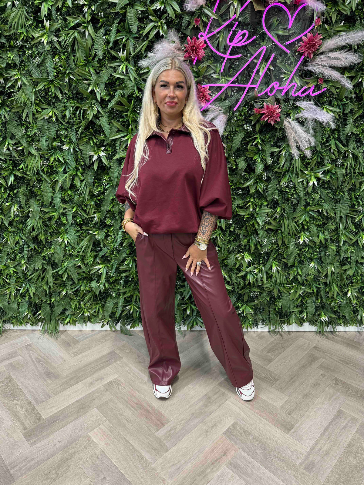 Tweedelig set leatherlook bordeaux