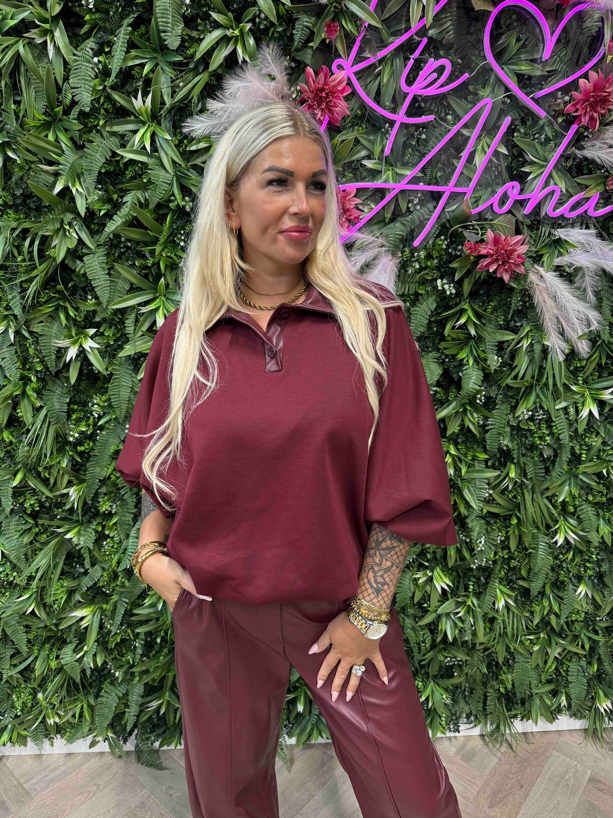 Tweedelig set leatherlook bordeaux