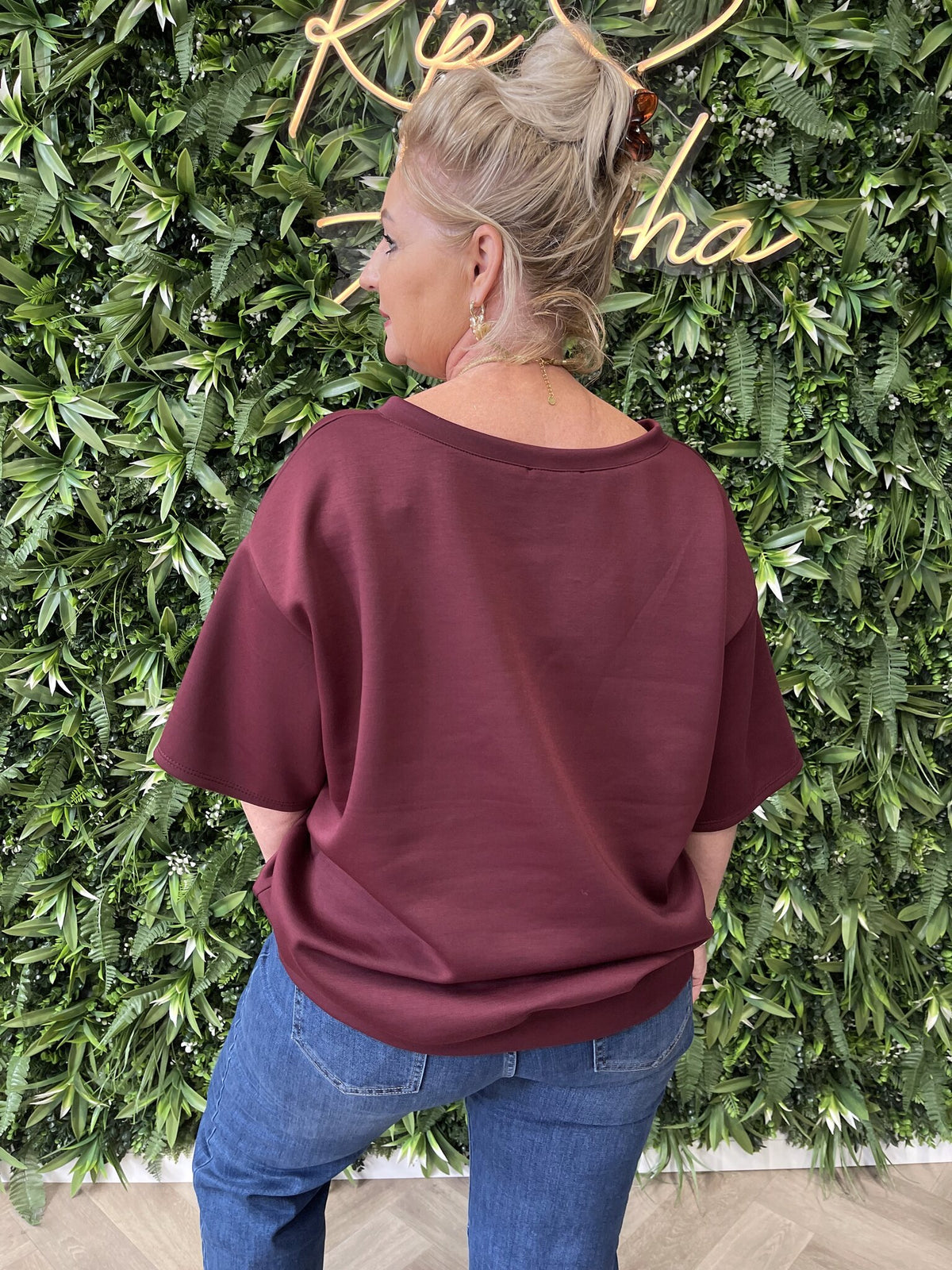 Sweater korte mouwen v-hals bordeaux