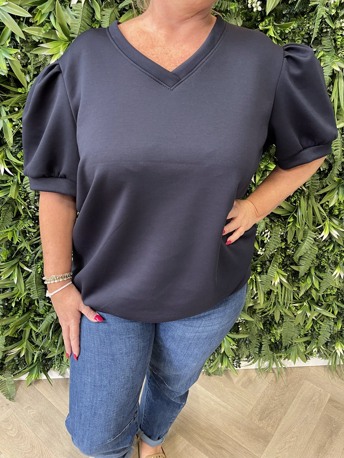 Sweater v-hals korte pofmouwen marineblauw