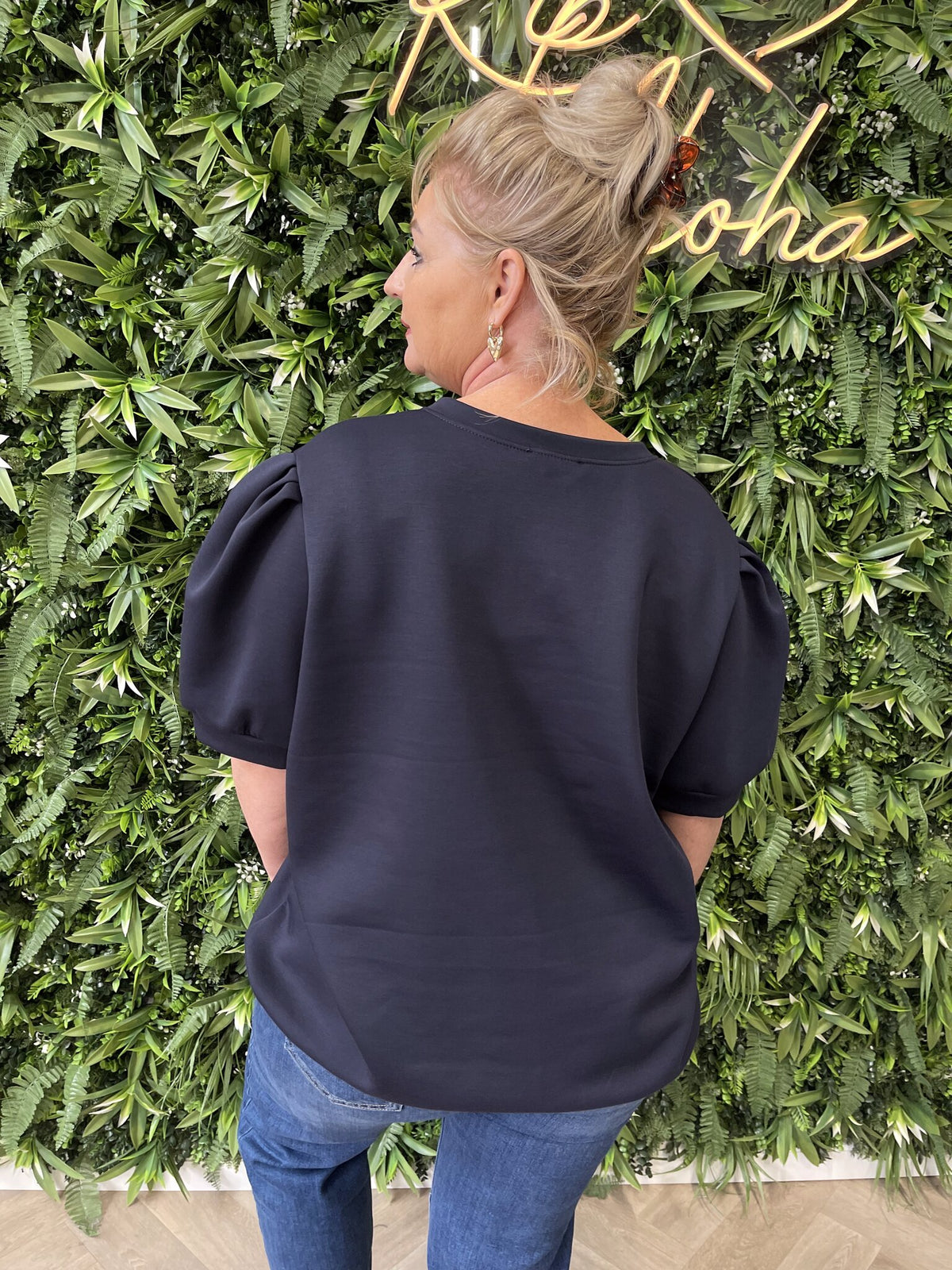 Sweater v-hals korte pofmouwen marineblauw
