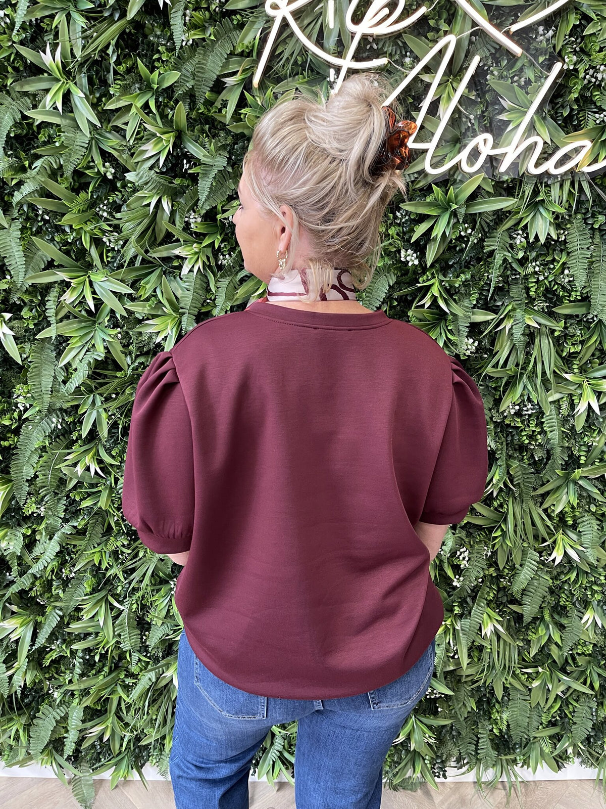 Sweater v-hals korte pofmouwen bordeaux