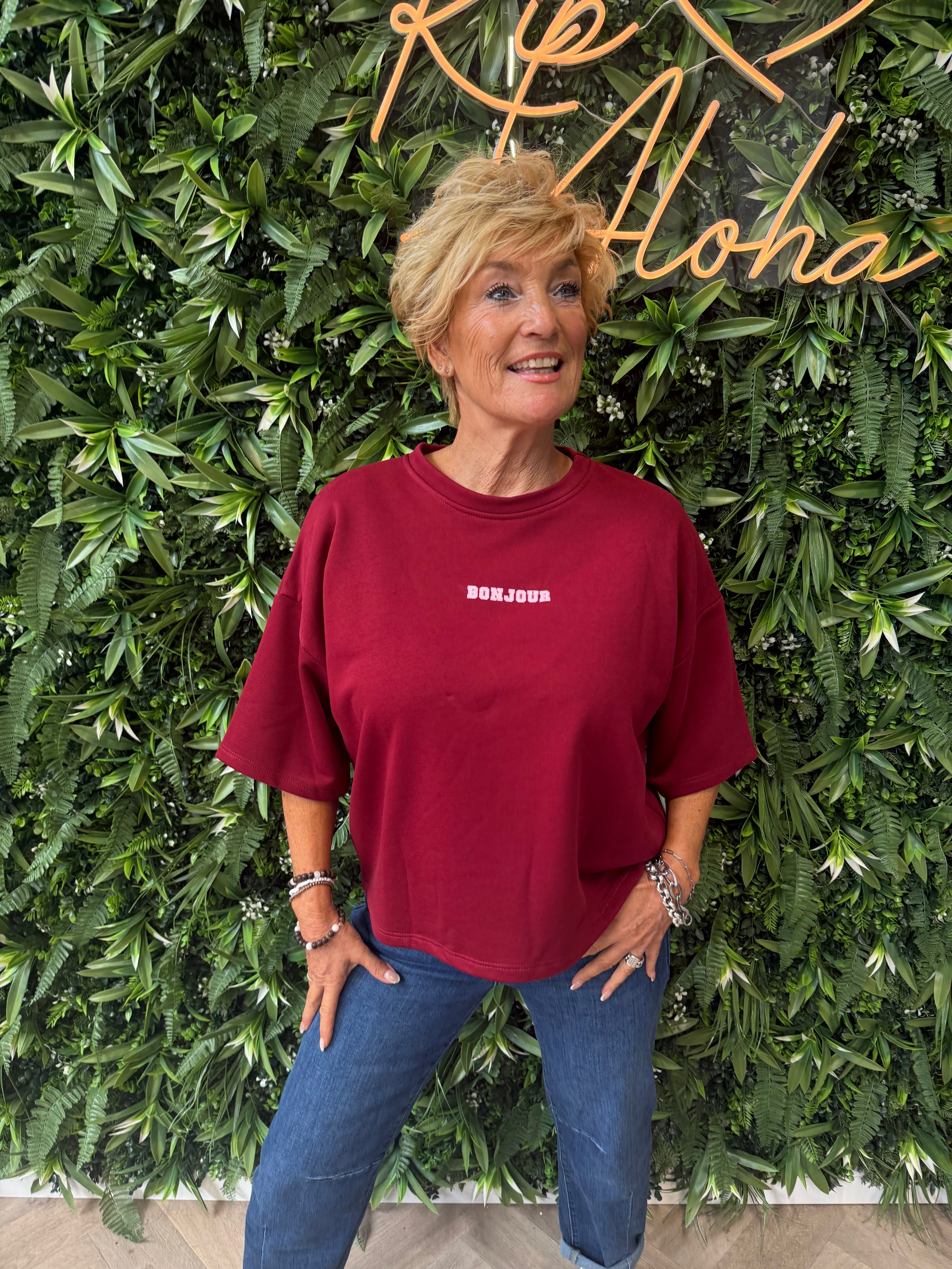 Sweater korte mouwen bonjour rood