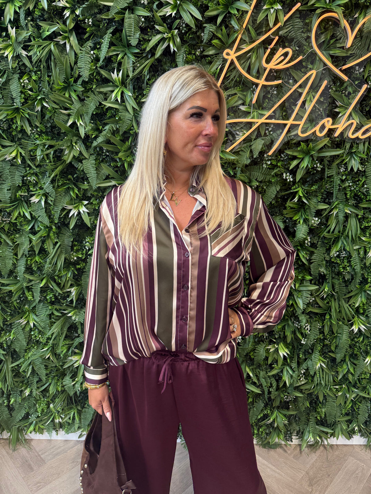 Blouse strepen met borstzakje legergroen