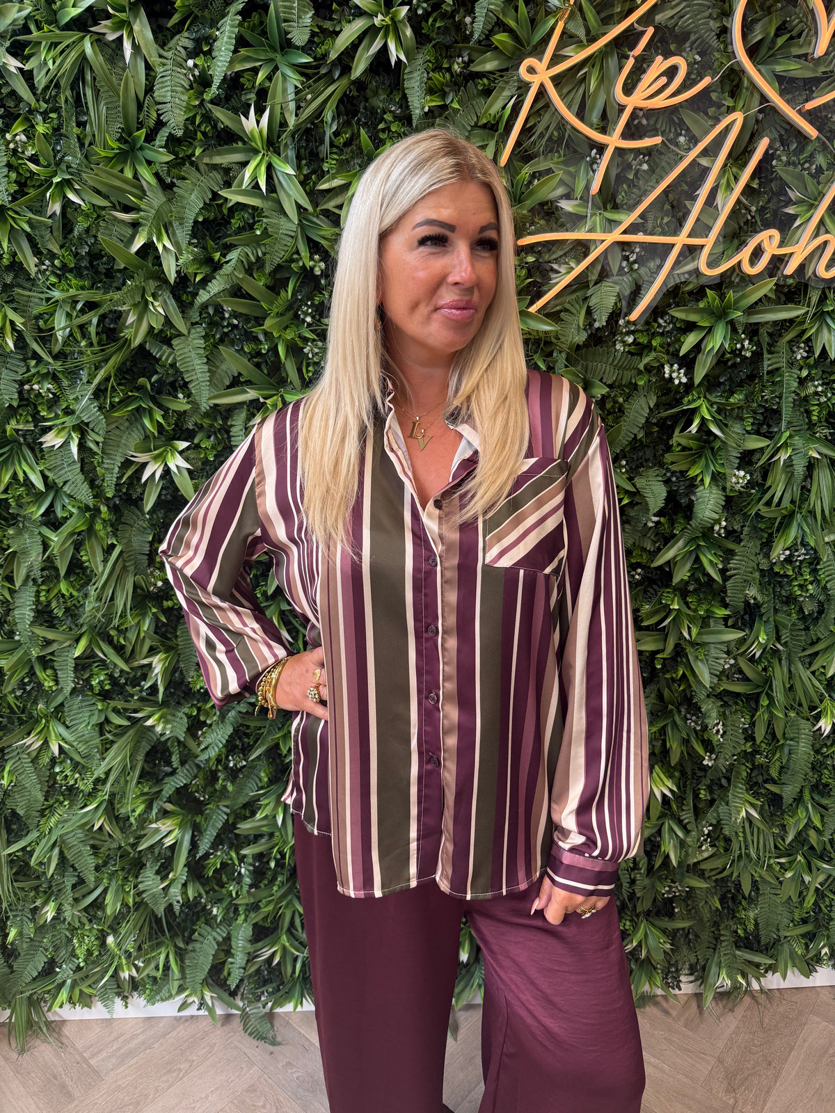 Blouse strepen met borstzakje legergroen