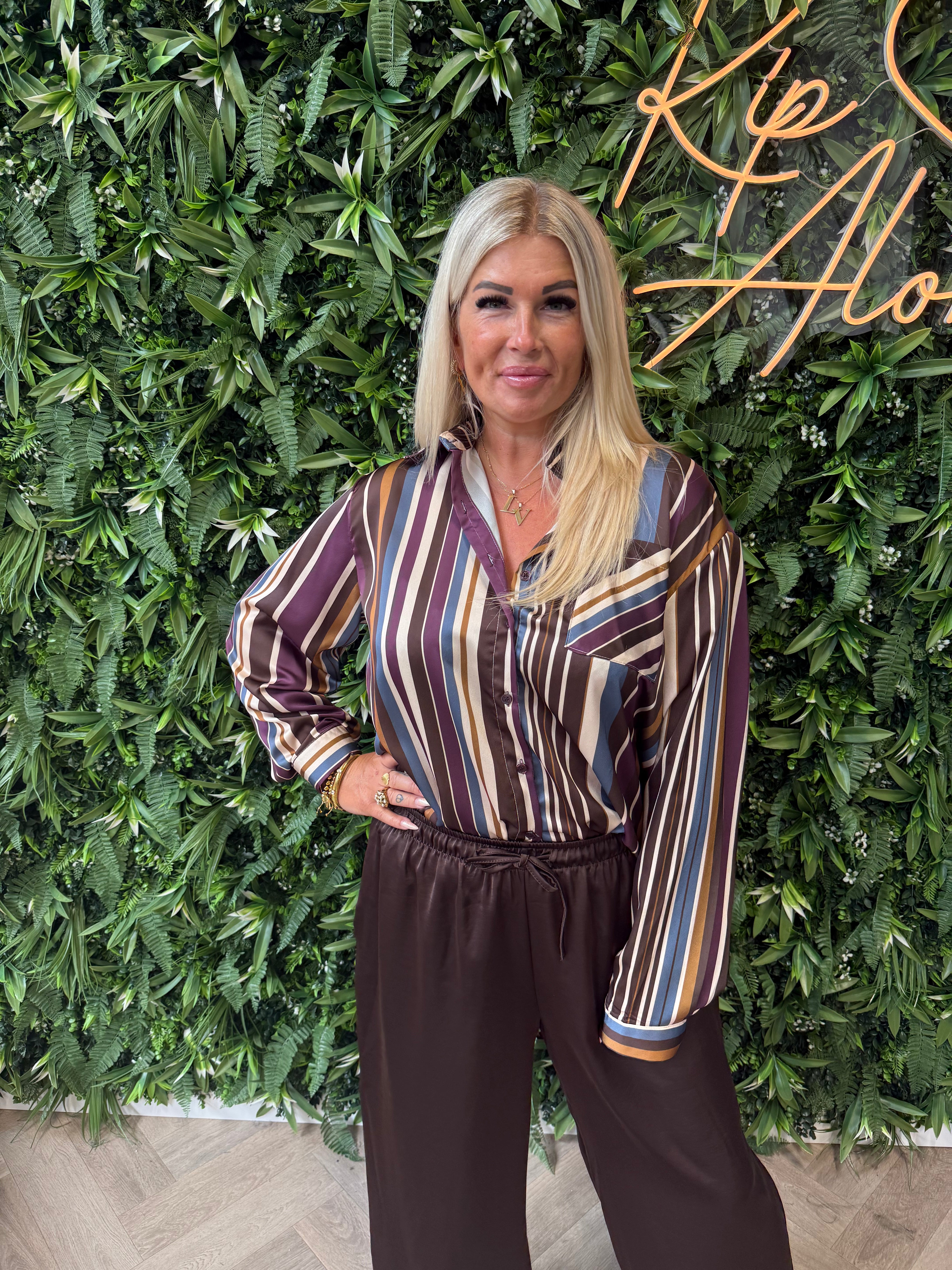 Blouse strepen met borstzakje paars